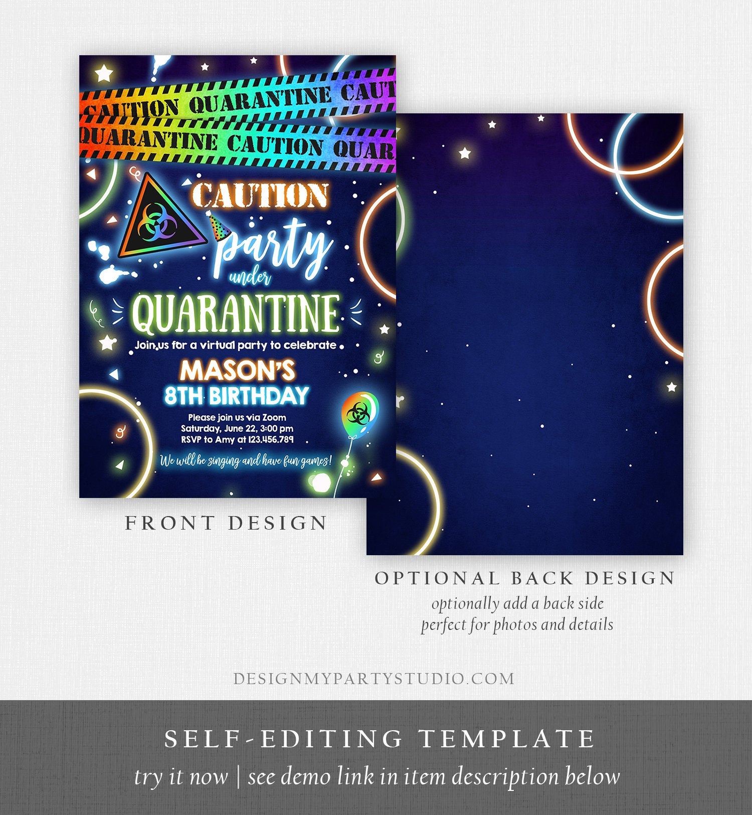 Editable Quarantine Birthday Invitation Virtual Party Quarantine Party Zoom Blue Boy No One Invited Hangout Corjl Template Printable 0334