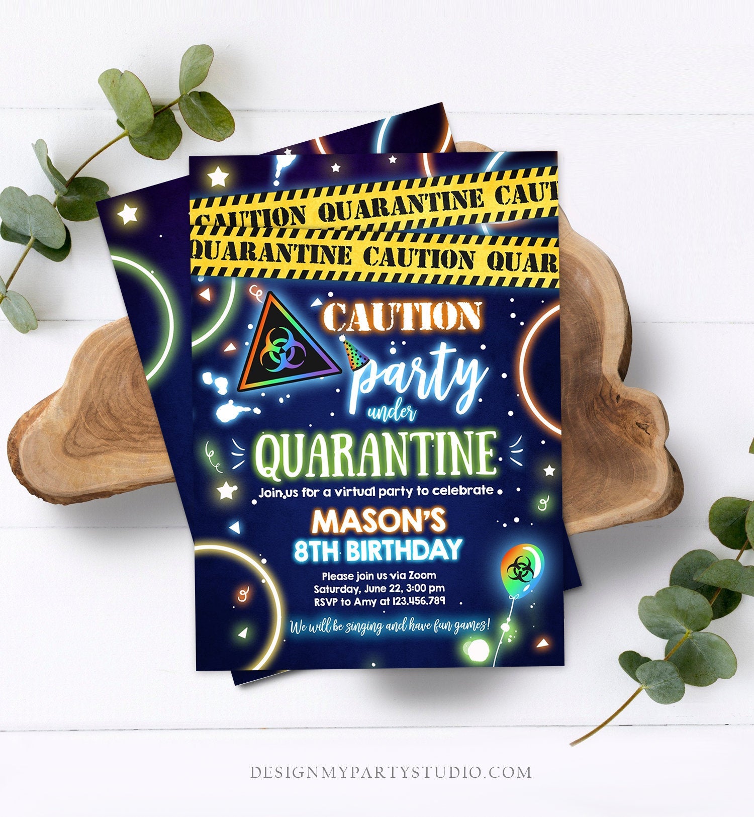 Editable Quarantine Birthday Invitation Virtual Party Quarantine Party Zoom Blue Boy No One Invited Hangout Corjl Template Printable 0334