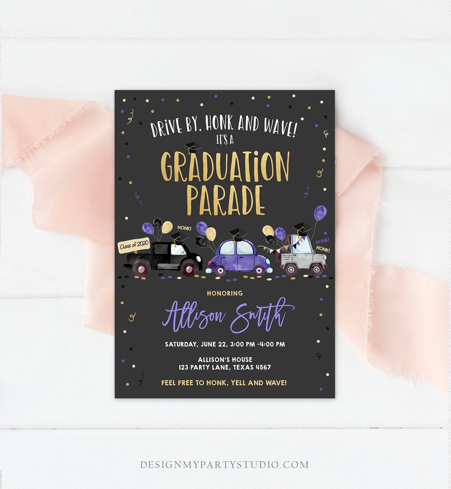 Editable Drive By Graduation Parade Invitation Virtual Party Blue Girl Graduate High School Grad Class 2020 Quarantine Digital Corjl 0337