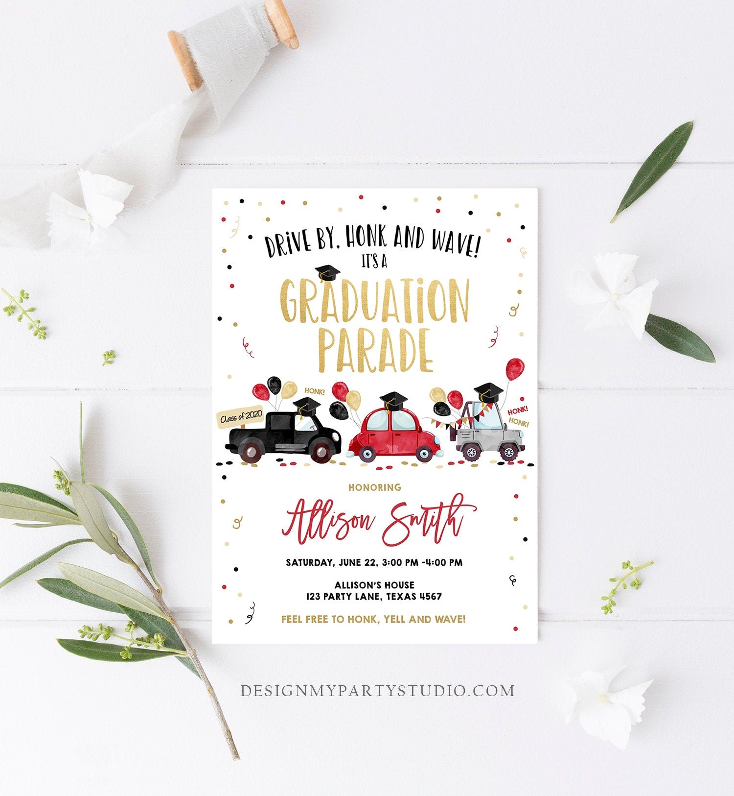 Editable Drive By Graduation Parade Invitation Virtual Party Red Girl Graduate High School Grad Class 2021 Quarantine Digital Corjl 0337
