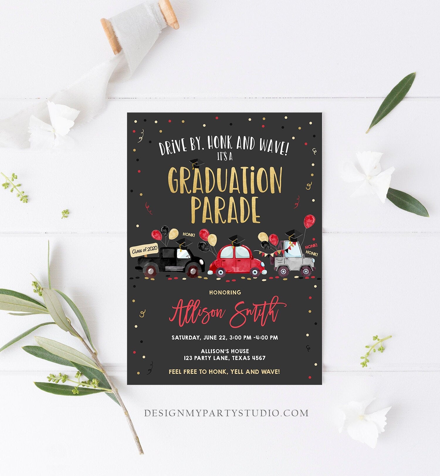 Editable Drive By Graduation Parade Invitation Virtual Party Red Girl Graduate High School Grad Class 2021 Quarantine Digital Corjl 0337