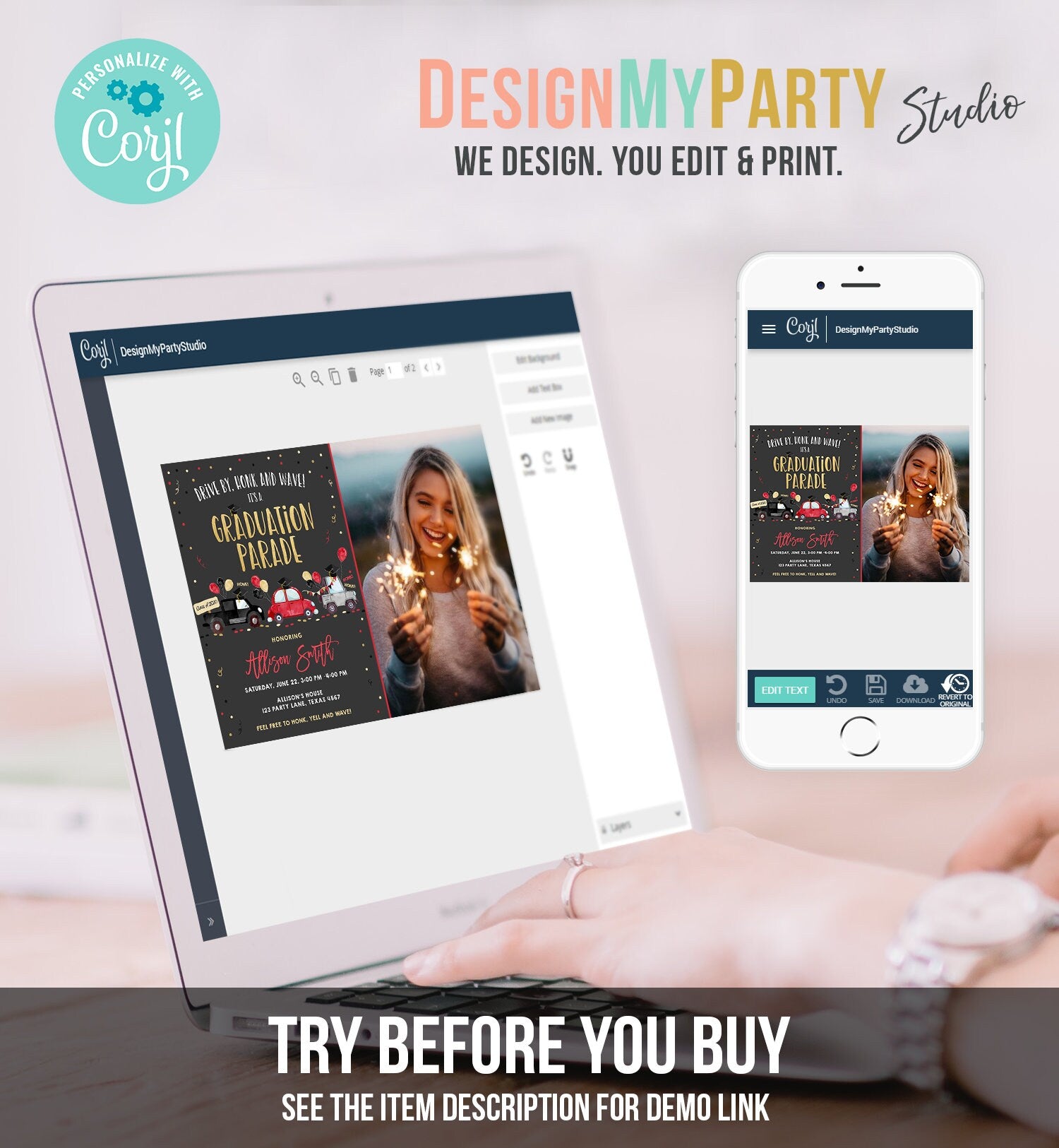 Editable Drive By Graduation Parade Invitation Virtual Party Red Girl Graduate High School Grad Class 2021 Quarantine Digital Corjl 0337