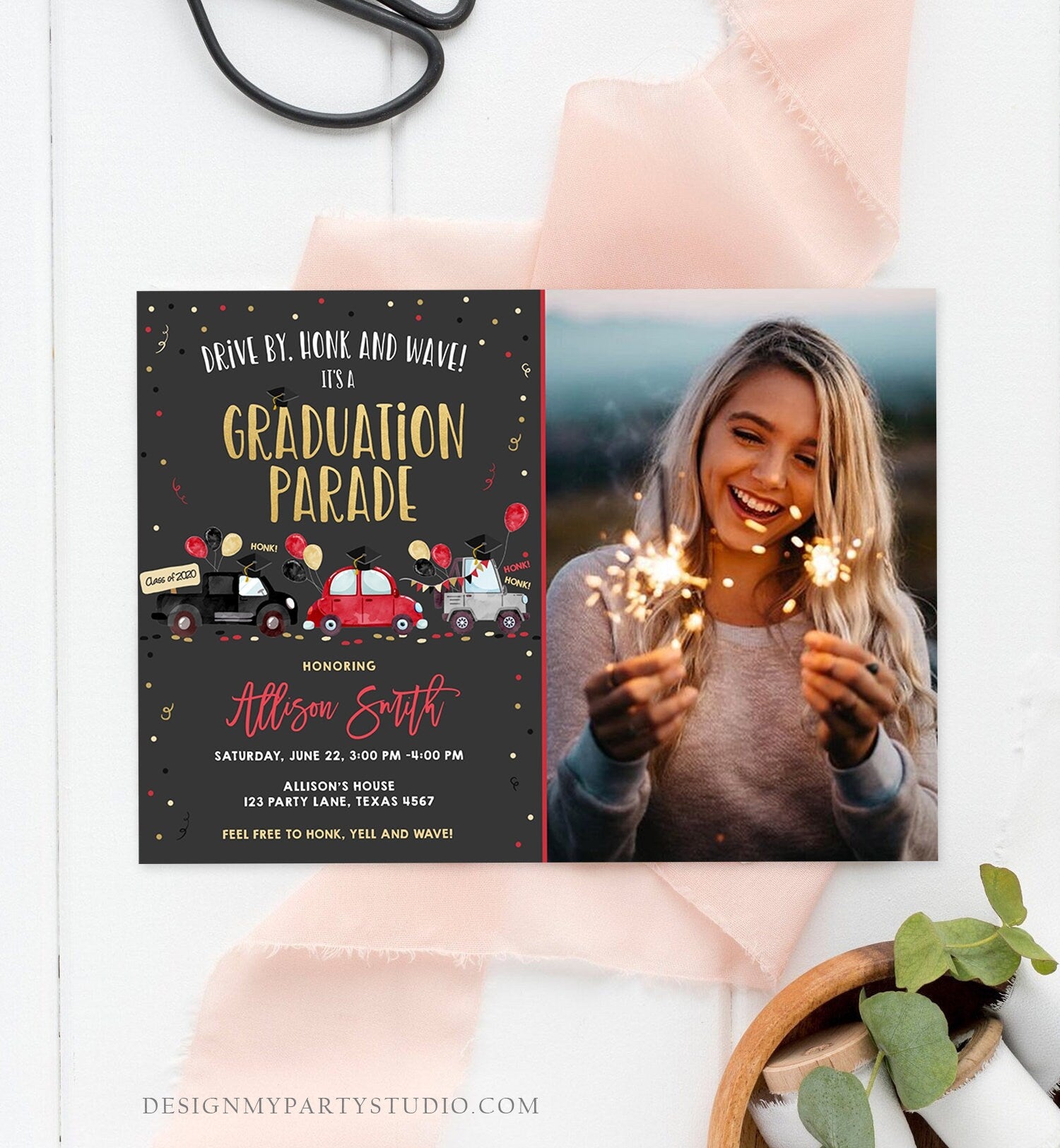 Editable Drive By Graduation Parade Invitation Virtual Party Red Girl Graduate High School Grad Class 2021 Quarantine Digital Corjl 0337