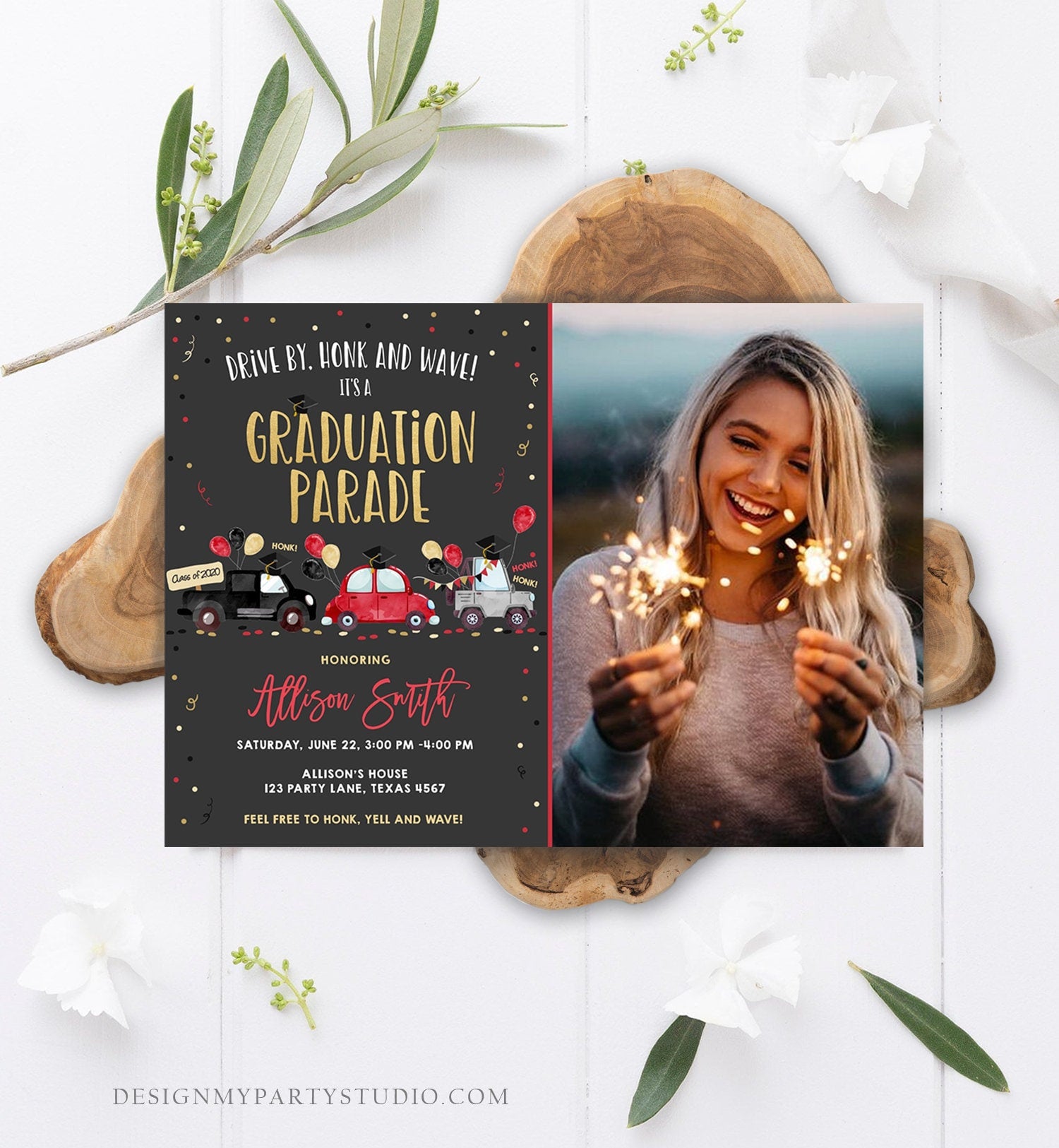 Editable Drive By Graduation Parade Invitation Virtual Party Red Girl Graduate High School Grad Class 2021 Quarantine Digital Corjl 0337