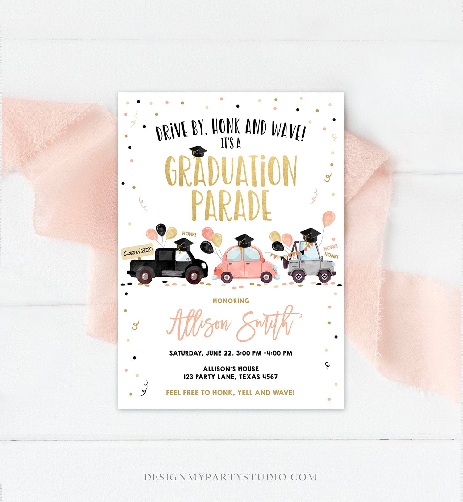 Editable Drive By Graduation Parade Invitation Drive Through Coral Girl Graduate High School Grad Class 2021 Quarantine Digital Corjl 0337