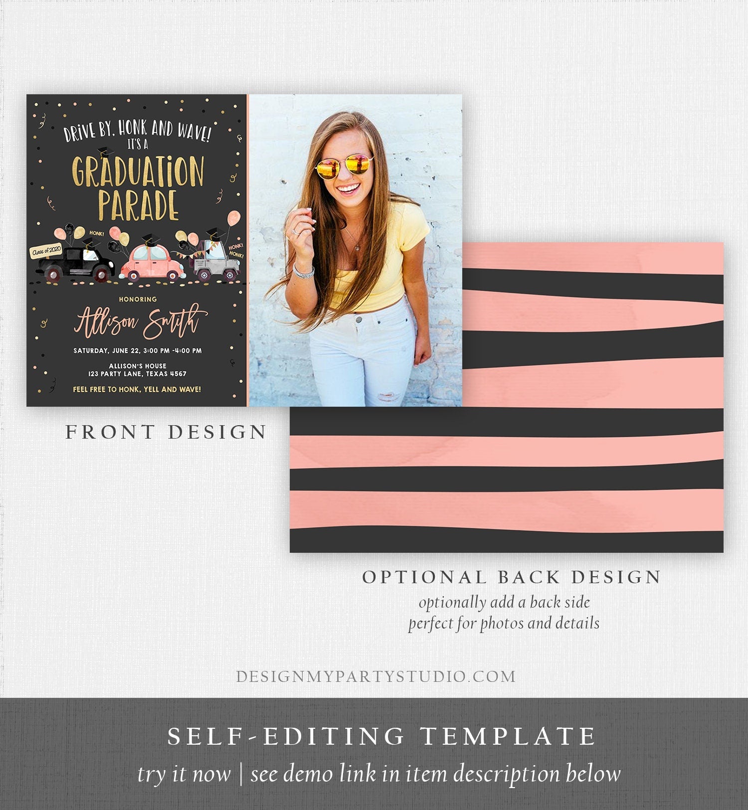 Editable Drive By Graduation Parade Invitation Drive Through Coral Girl Graduate High School Grad Class 2021 Quarantine Digital Corjl 0337