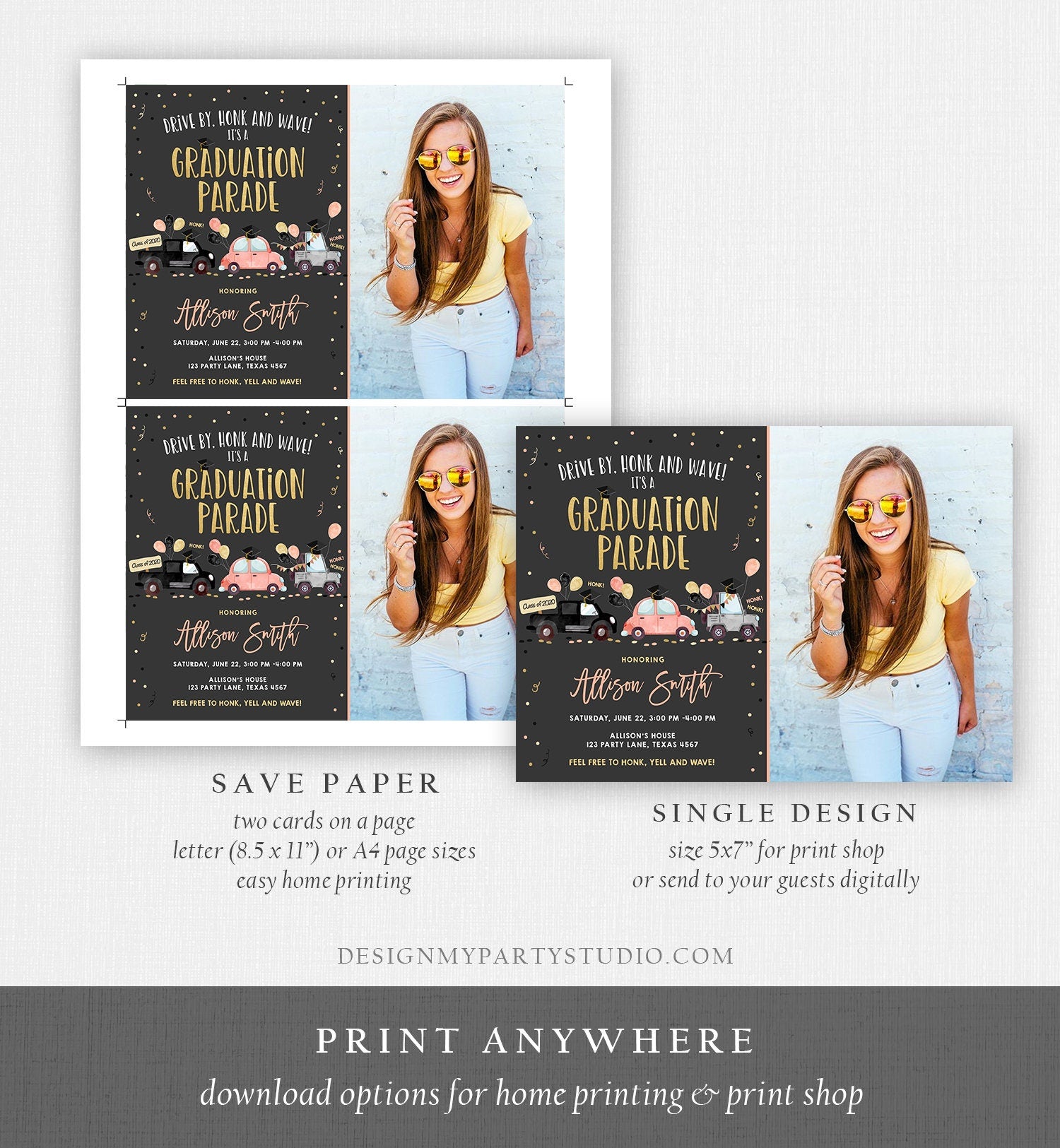 Editable Drive By Graduation Parade Invitation Drive Through Coral Girl Graduate High School Grad Class 2021 Quarantine Digital Corjl 0337