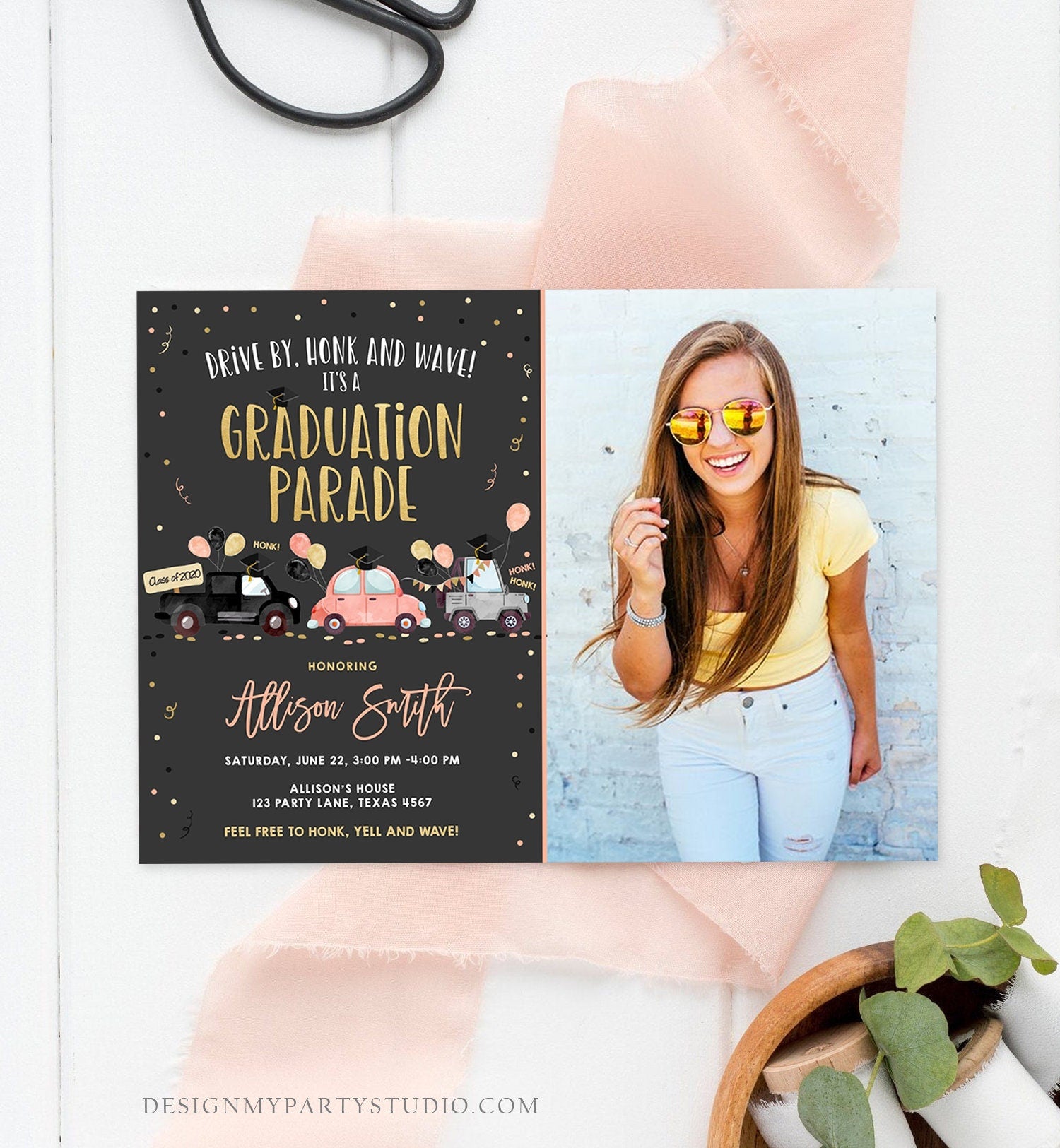 Editable Drive By Graduation Parade Invitation Drive Through Coral Girl Graduate High School Grad Class 2021 Quarantine Digital Corjl 0337