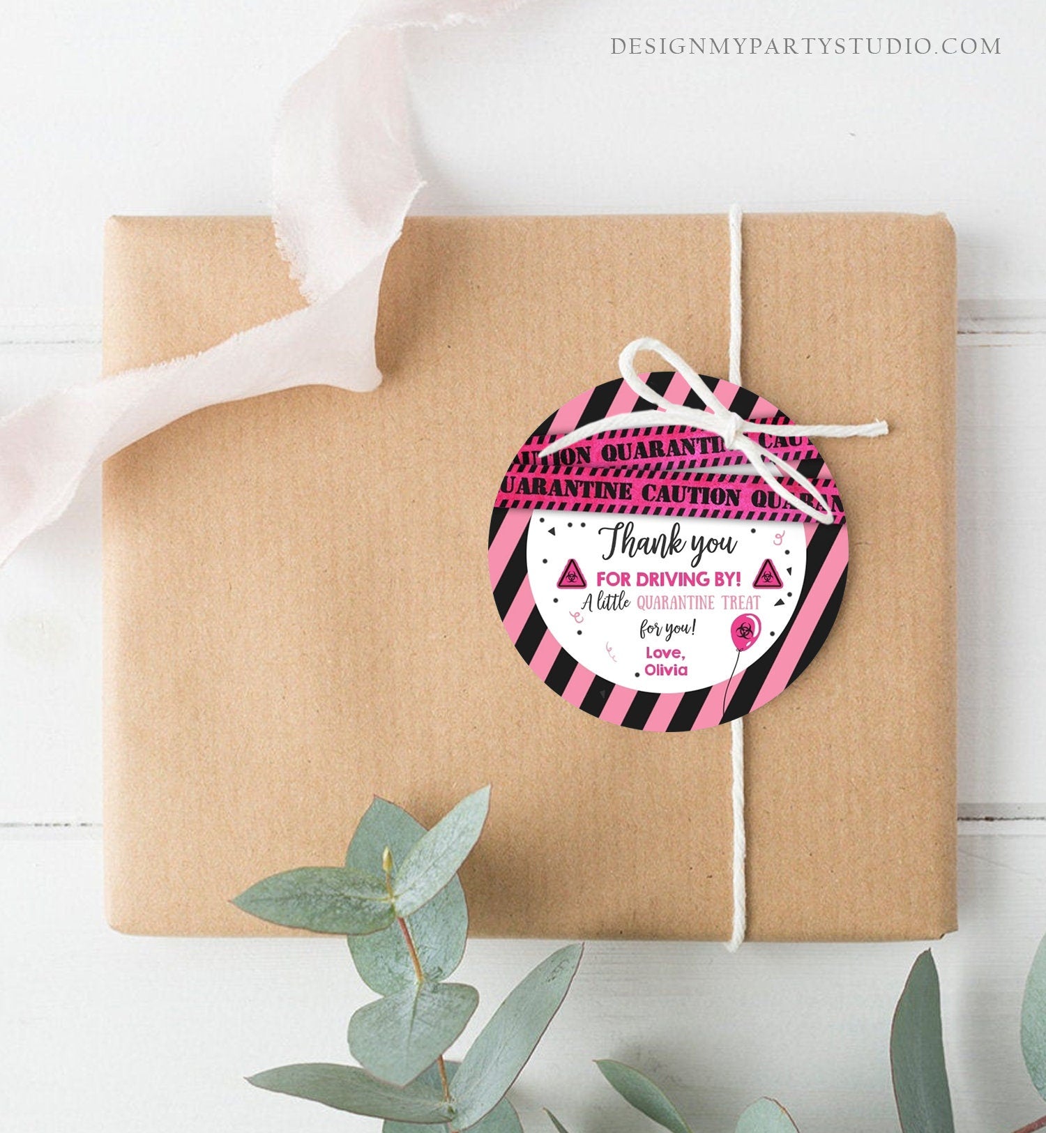 Editable Drive By Birthday Thank you Tags Pink Girl Quarantine Thank You Tag Drive Through Party Sticker Label Corjl Template Printable 0334