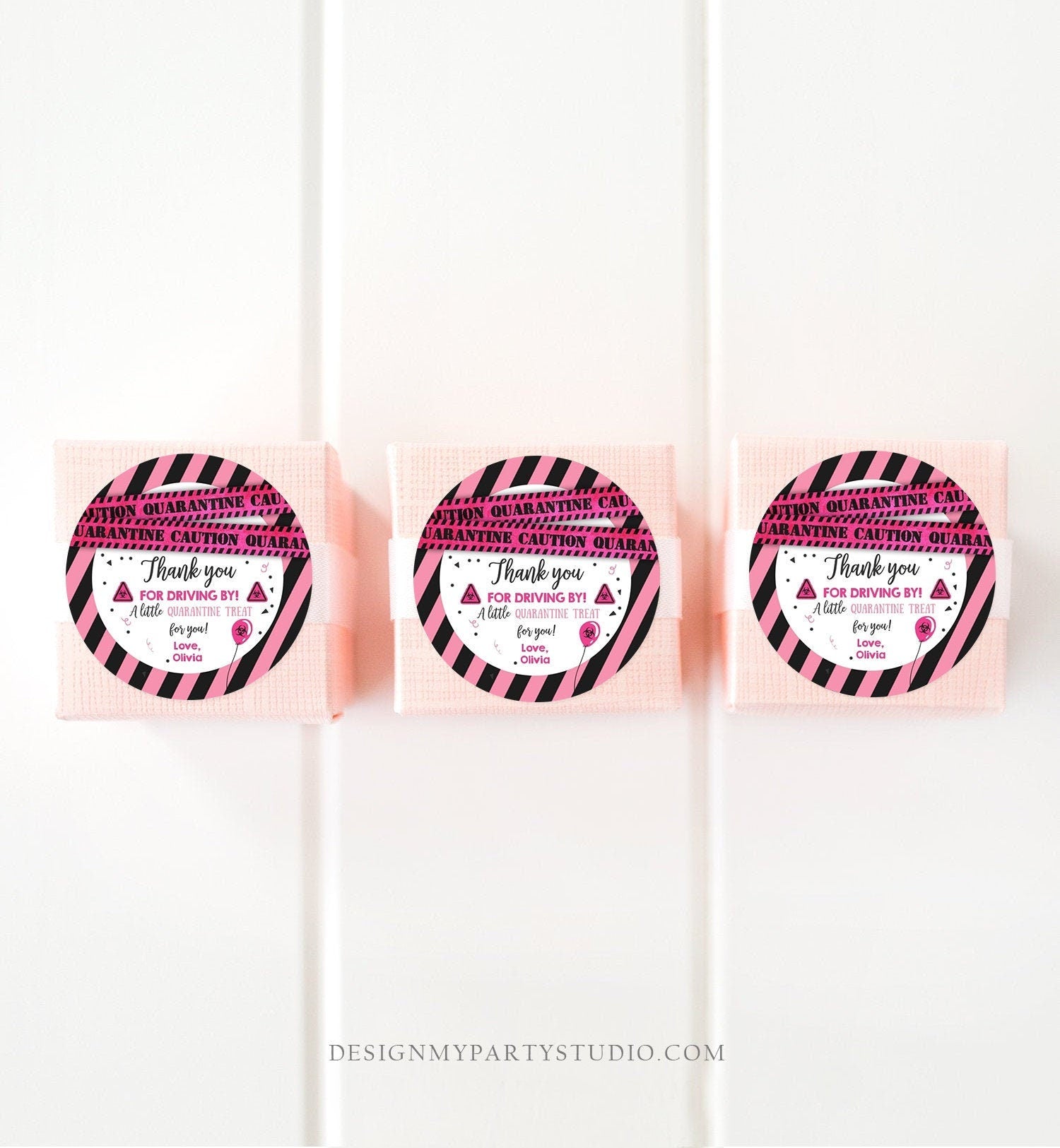 Editable Drive By Birthday Thank you Tags Pink Girl Quarantine Thank You Tag Drive Through Party Sticker Label Corjl Template Printable 0334