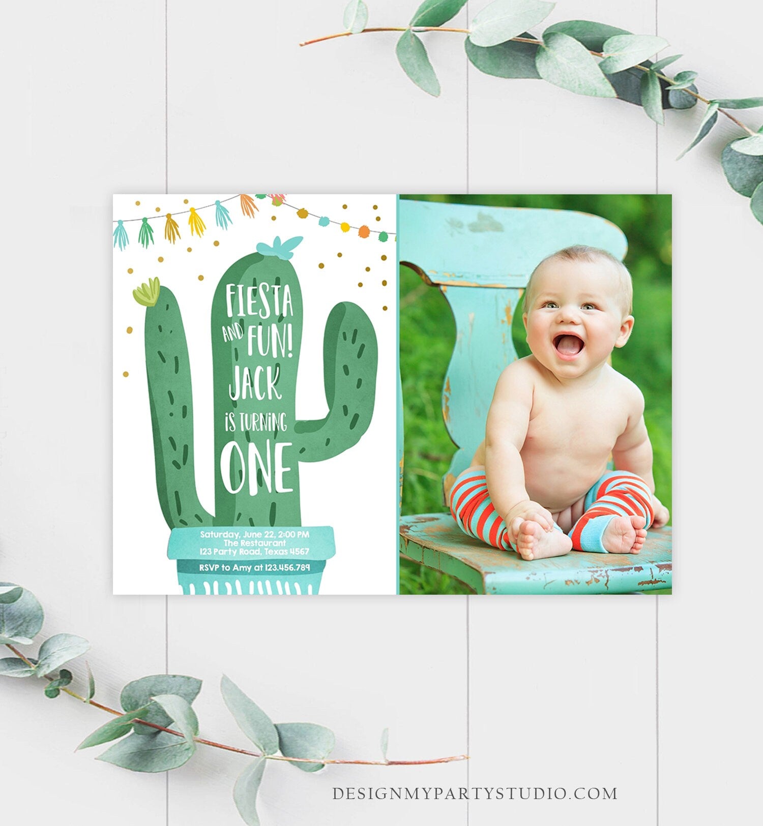 Editable Cactus Fiesta Birthday Invitation Boy Blue First Birthday Succulent 1st Mexican Fiesta and Fun Corjl Photo Template Printable 0255