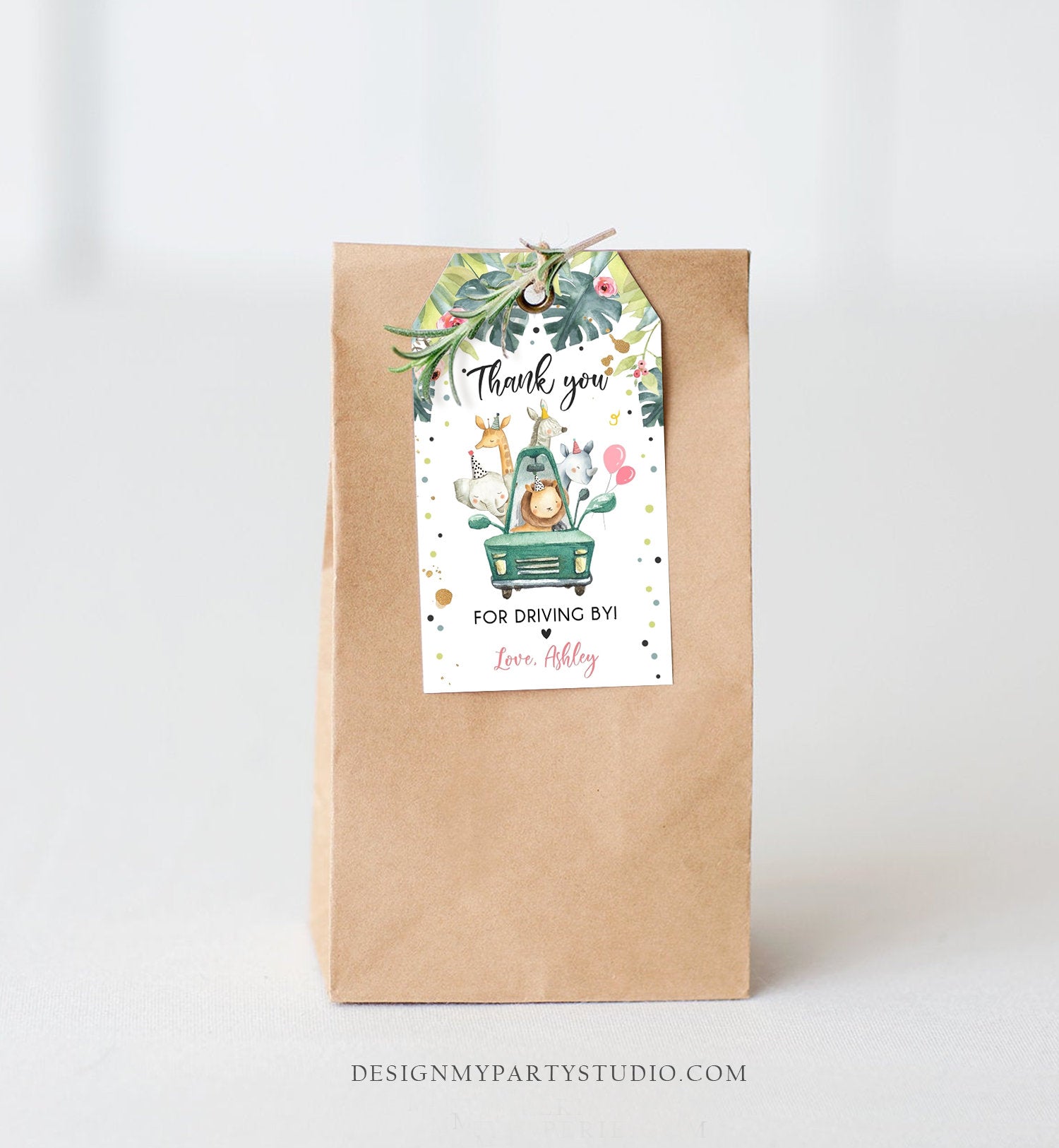 Editable Drive By Favor Tag Drive By Birthday Party Parade Thank You Baby Shower Tags Pink Girl Safari Animals Corjl Template Printable 0163