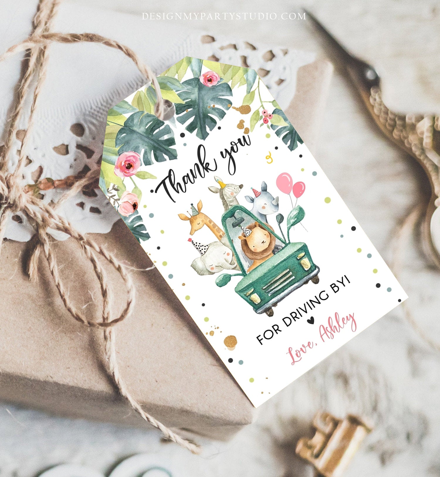 Editable Drive By Favor Tag Drive By Birthday Party Parade Thank You Baby Shower Tags Pink Girl Safari Animals Corjl Template Printable 0163