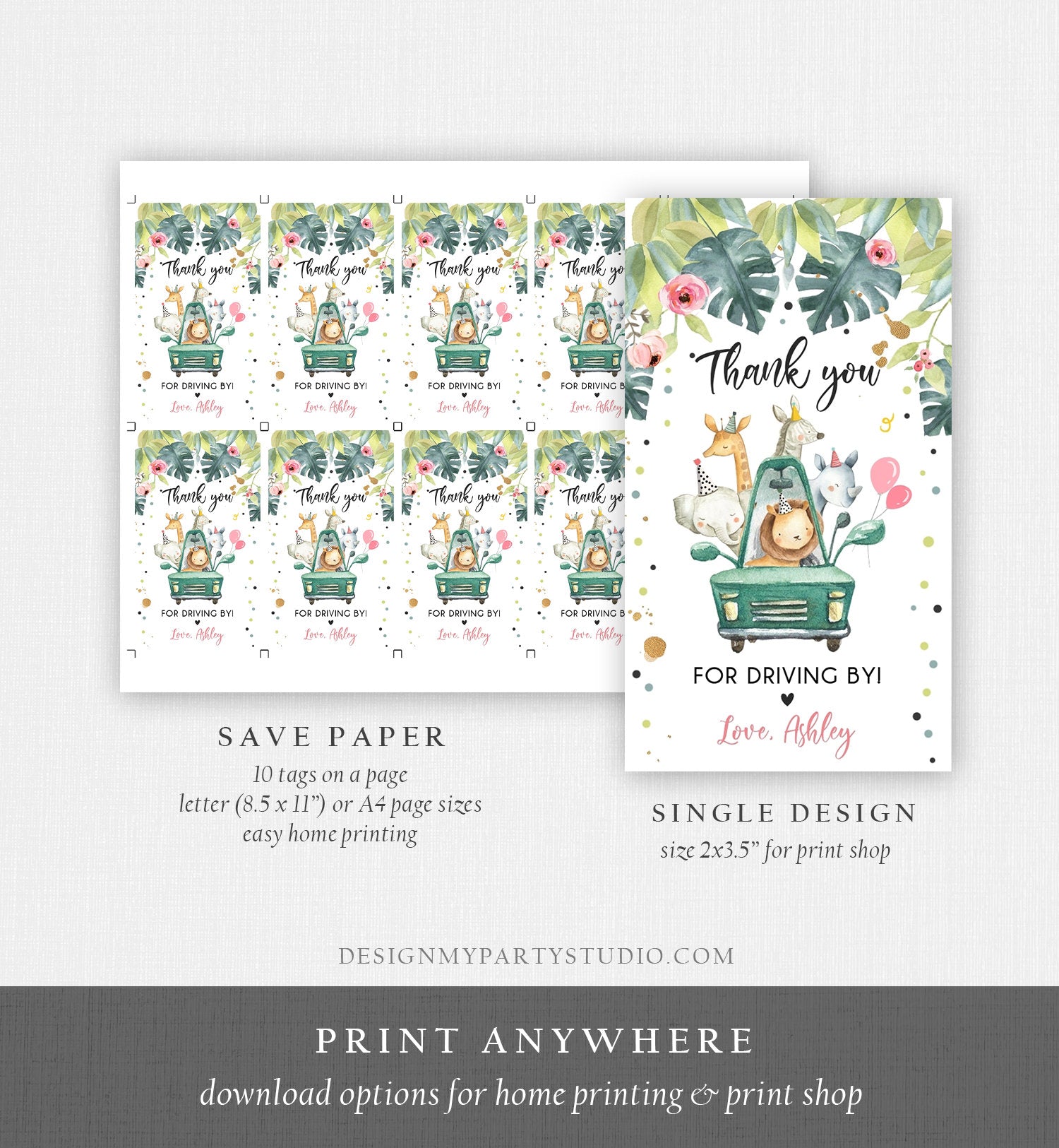 Editable Drive By Favor Tag Drive By Birthday Party Parade Thank You Baby Shower Tags Pink Girl Safari Animals Corjl Template Printable 0163