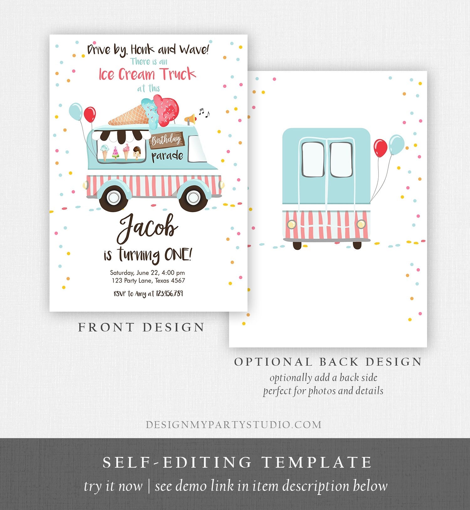 Editable Ice Cream Truck Birthday Invitation Birthday Parade Drive By Birthday Invite Quarantine Party Scoop Printable Template Corjl 0243