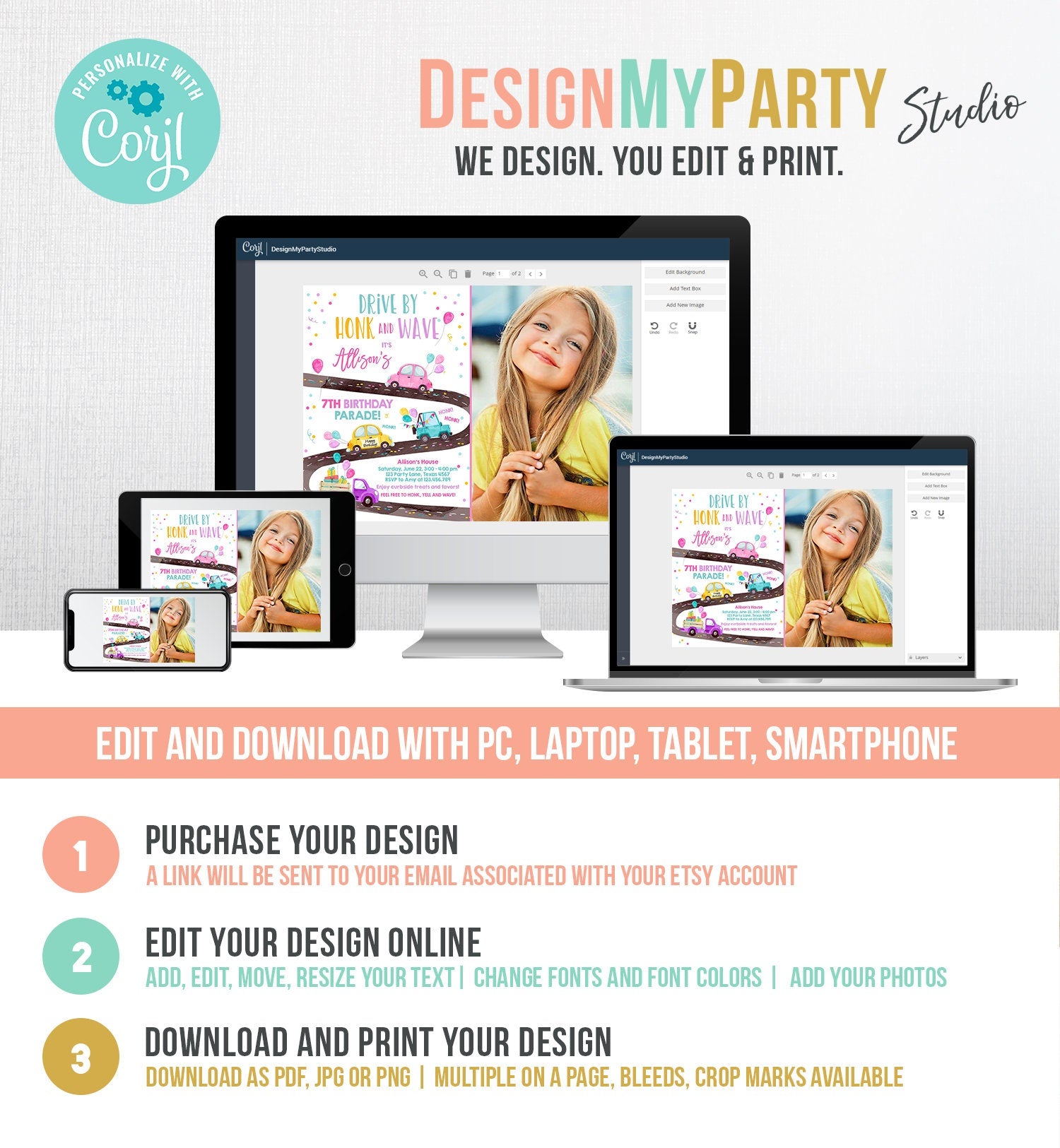 Editable Drive By Birthday Parade Invitation Virtual Party Invite Honk Wave Car Girl Pink Quarantine Instant Download Digital Corjl 0333