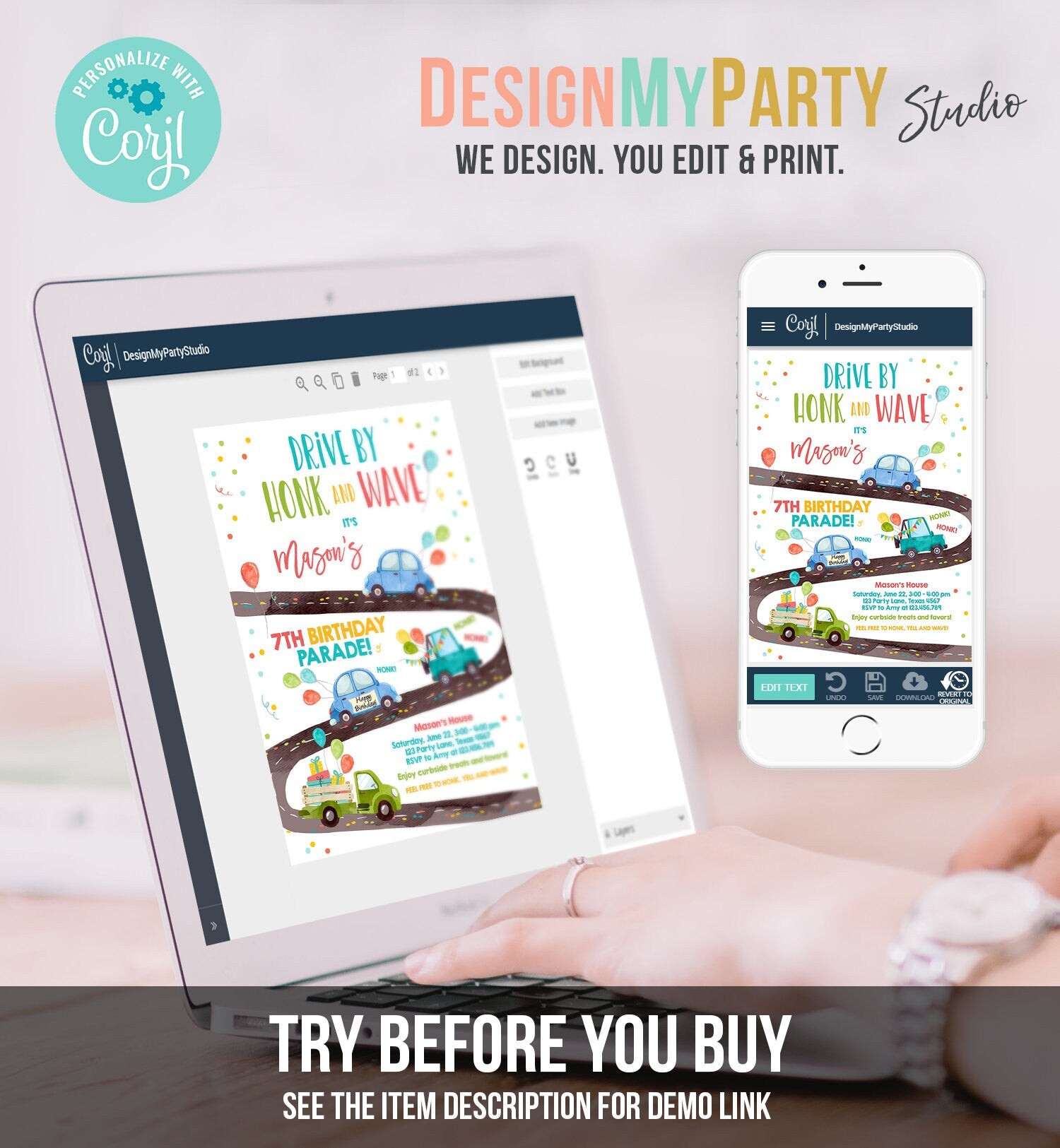 Editable Drive By Birthday Parade Invitation Virtual Party Invite Honk Wave Car Boy Blue Quarantine Instant Download Digital Corjl 0333