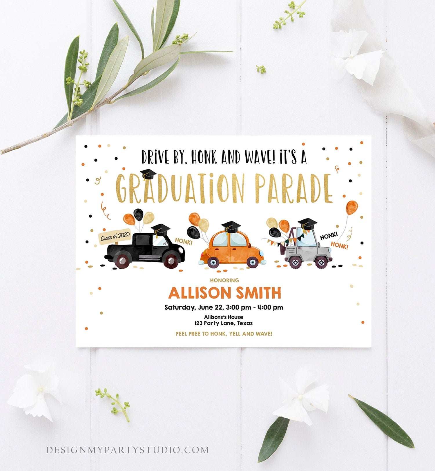 Editable Drive By Graduation Parade Invitation Drive Through Party Orange Gold Quarantine Graduate 2021 High School Grad Download Corjl 0337