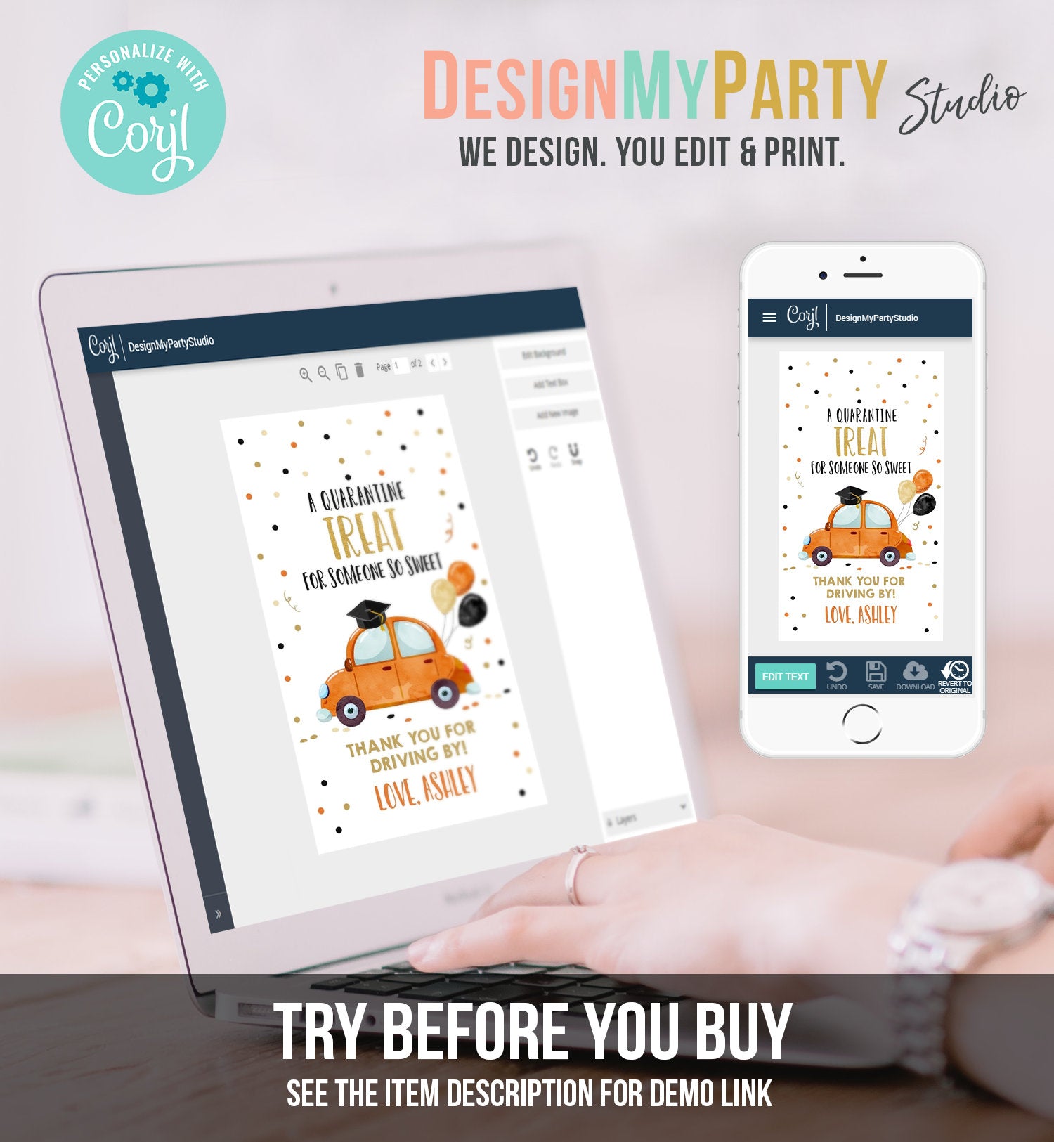 Editable Drive By Favor Tag Drive Through Graduation Parade Thank You Gift Tags Quarantine Orange Car High School Grad Graduate Corjl 0337