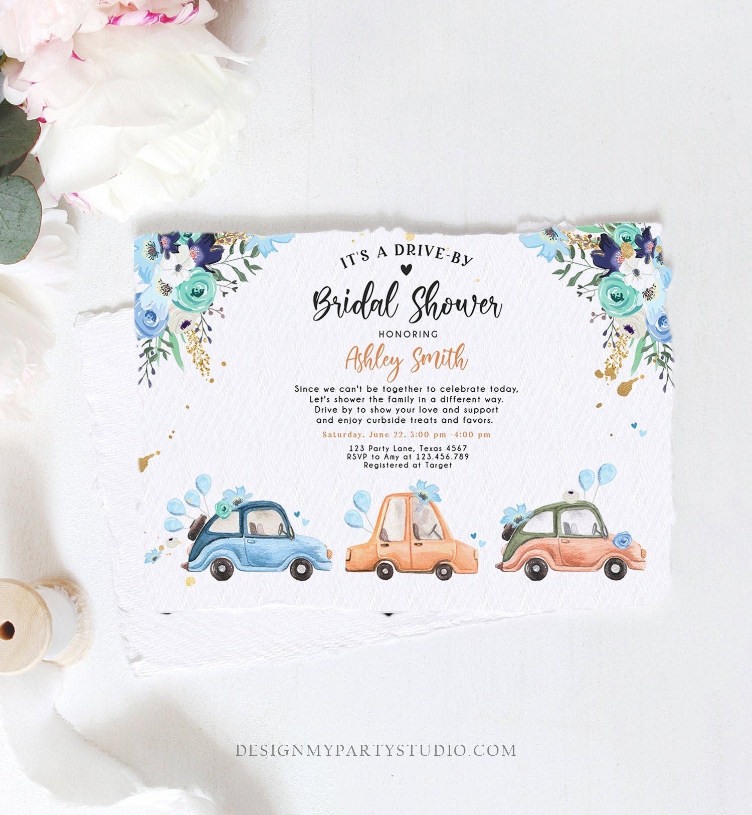 Editable Drive By Bridal Shower Invitation Navy Blue Floral Drive Through Couples Shower Social Distancing Bridal Shower Corjl Template 0335