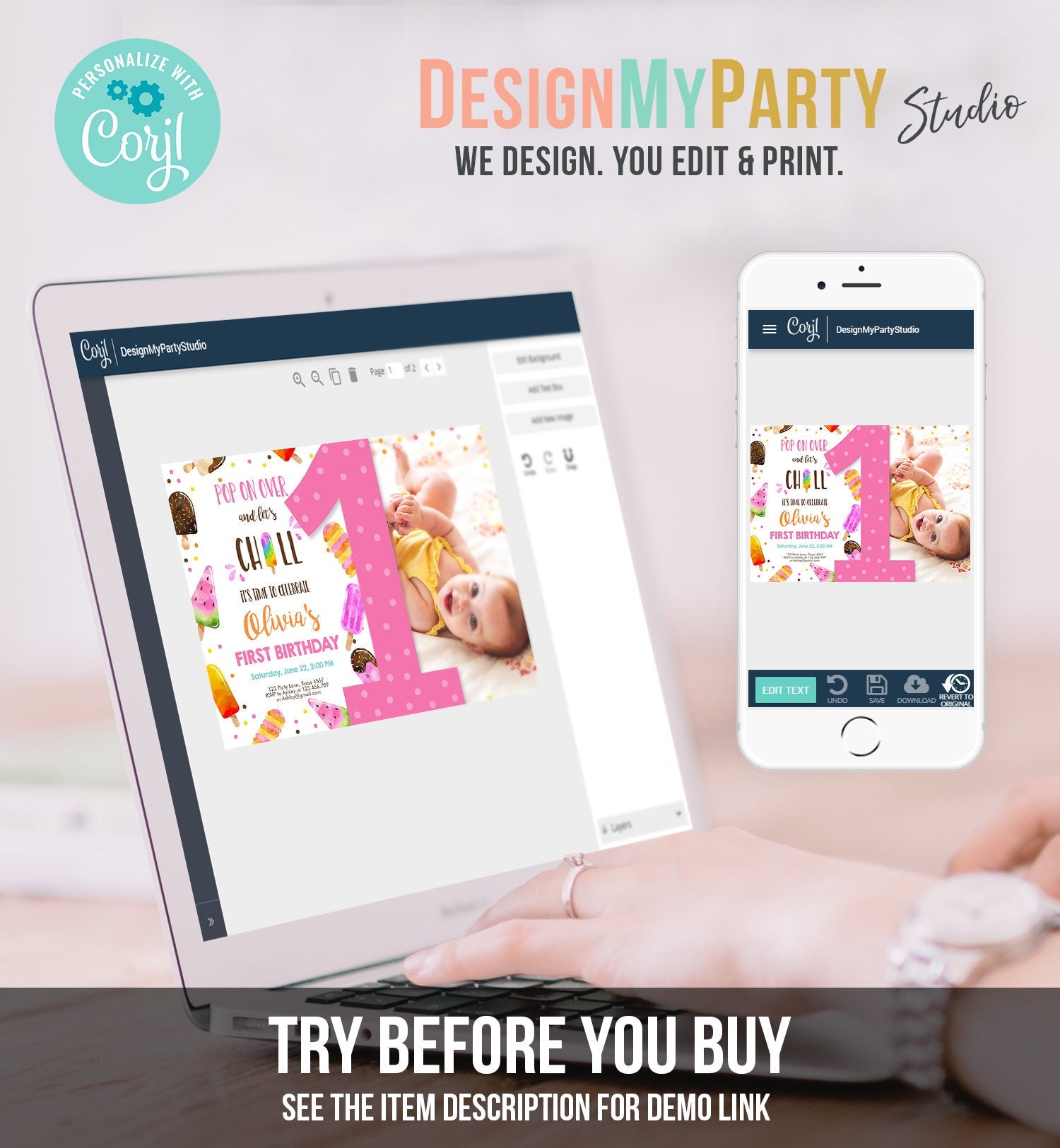 Editable Popsicle First Birthday Invitation Pink Girl Birthday Summer Pool Party Popsicle Party Swim Download Printable Template Corjl 0143