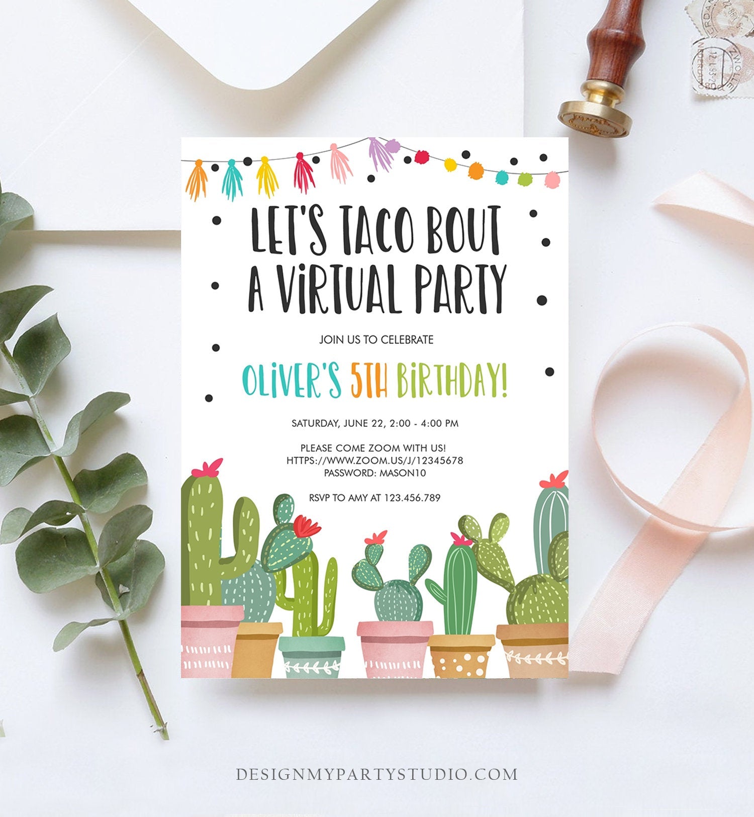 Editable Taco Bout a Virtual Party Birthday Invitation Fiesta Cactus Zoom Party Video Chat Quarantine Party Distancing Corjl Template 0254