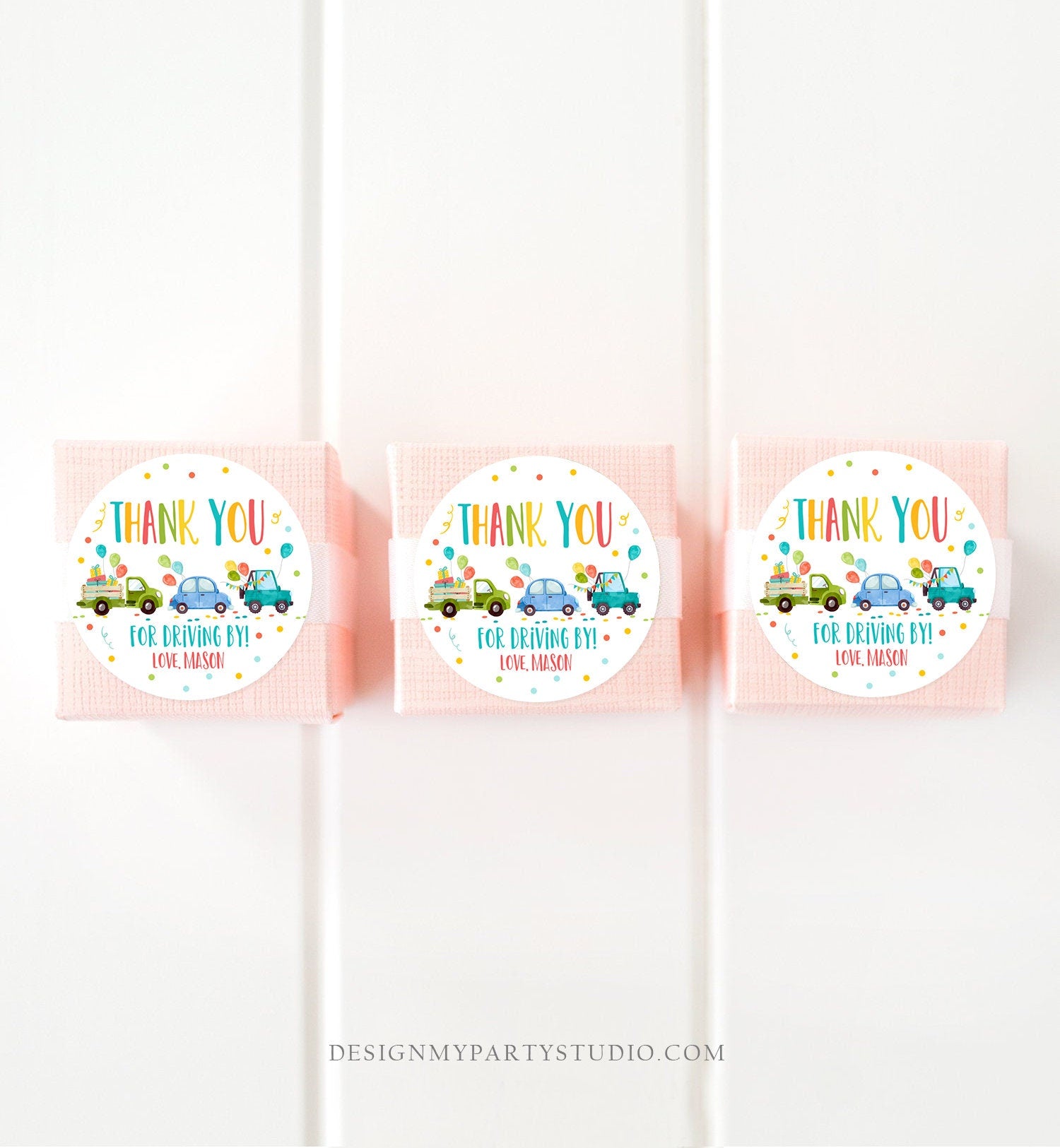 Editable Drive By Favor Tag Drive By Birthday Parade Thank You Gift Tags Quarantine Blue Car Boy Round Square Sticker Corjl Template 0333