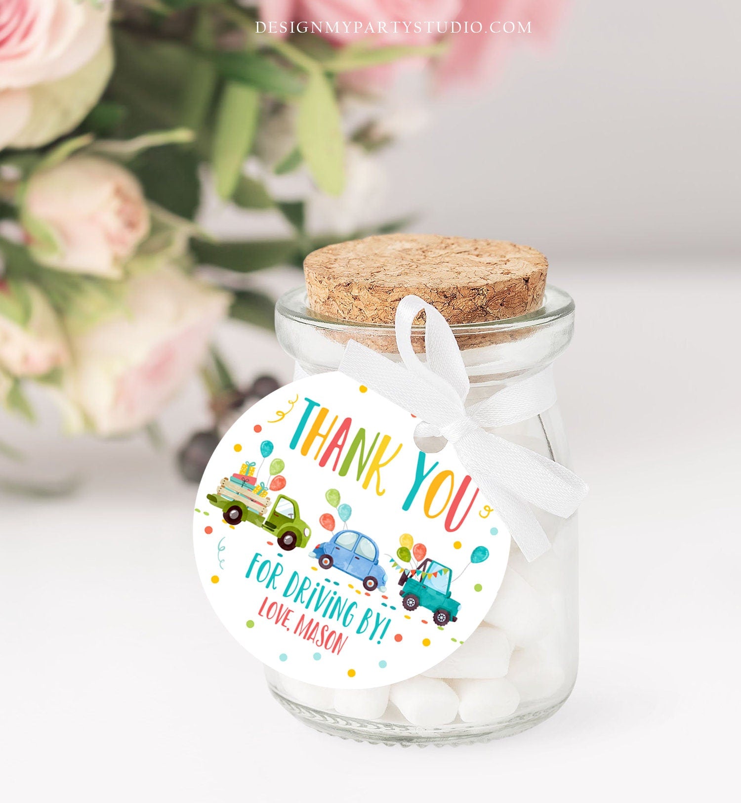 Editable Drive By Favor Tag Drive By Birthday Parade Thank You Gift Tags Quarantine Blue Car Boy Round Square Sticker Corjl Template 0333