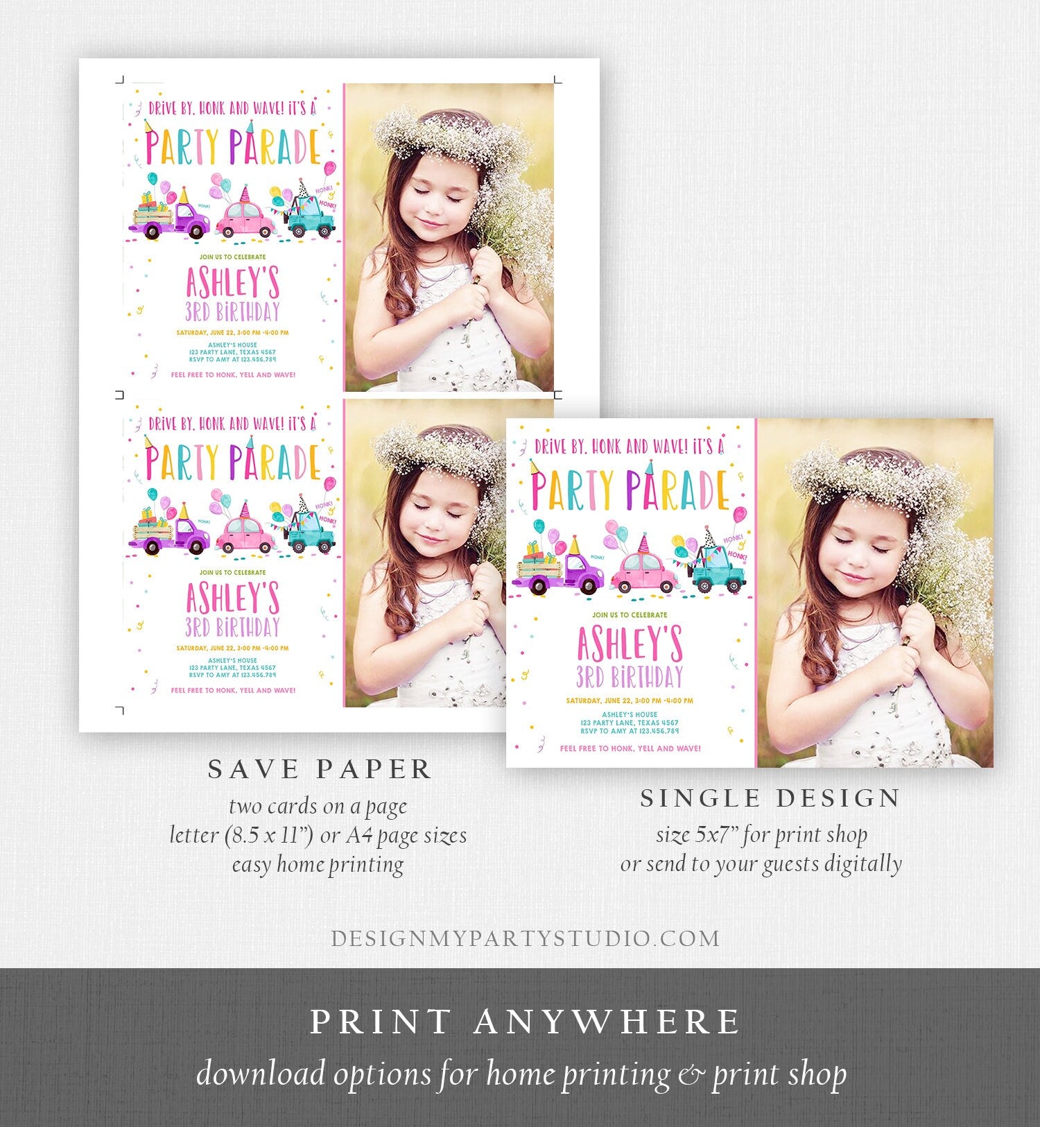 Editable Drive By Birthday Parade Invitation Virtual Party Invite Honk Wave Car Girl Pink Quarantine Instant Download Digital Corjl 0333