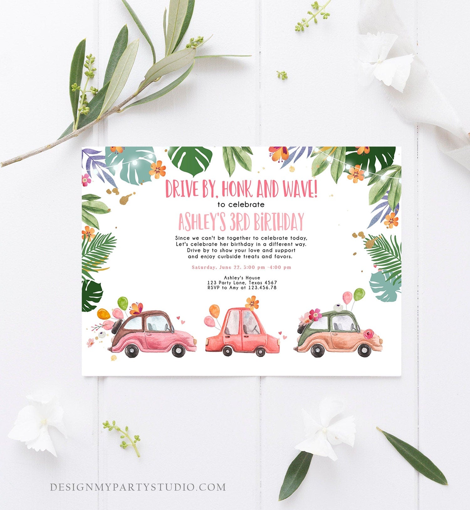 Editable Drive By Birthday Parade Invitation Tropical Virtual Party Invite Honk Wave Car Girl Quarantine Instant Download Digital Corjl 0335