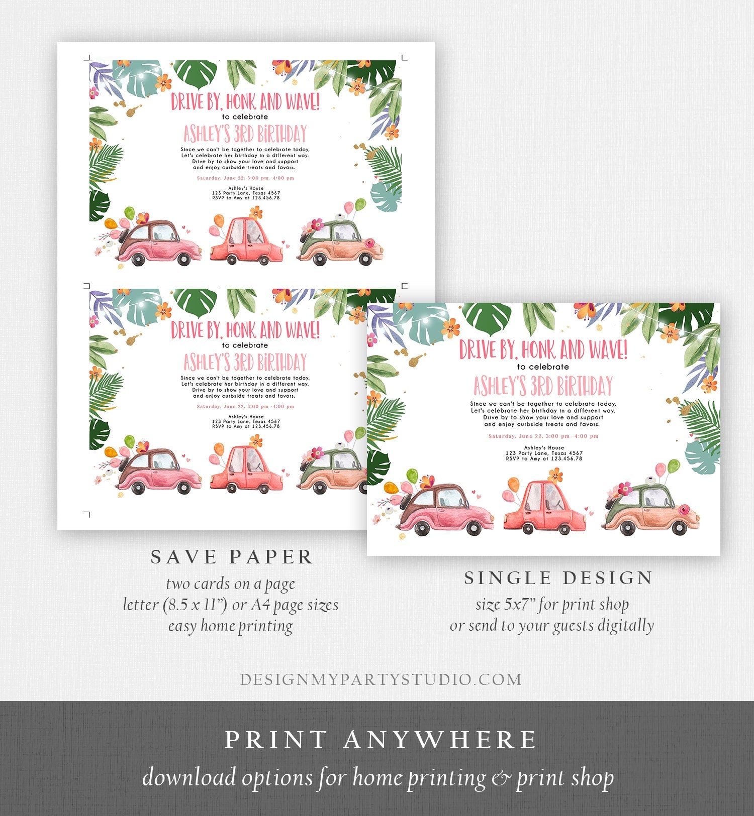 Editable Drive By Birthday Parade Invitation Tropical Virtual Party Invite Honk Wave Car Girl Quarantine Instant Download Digital Corjl 0335