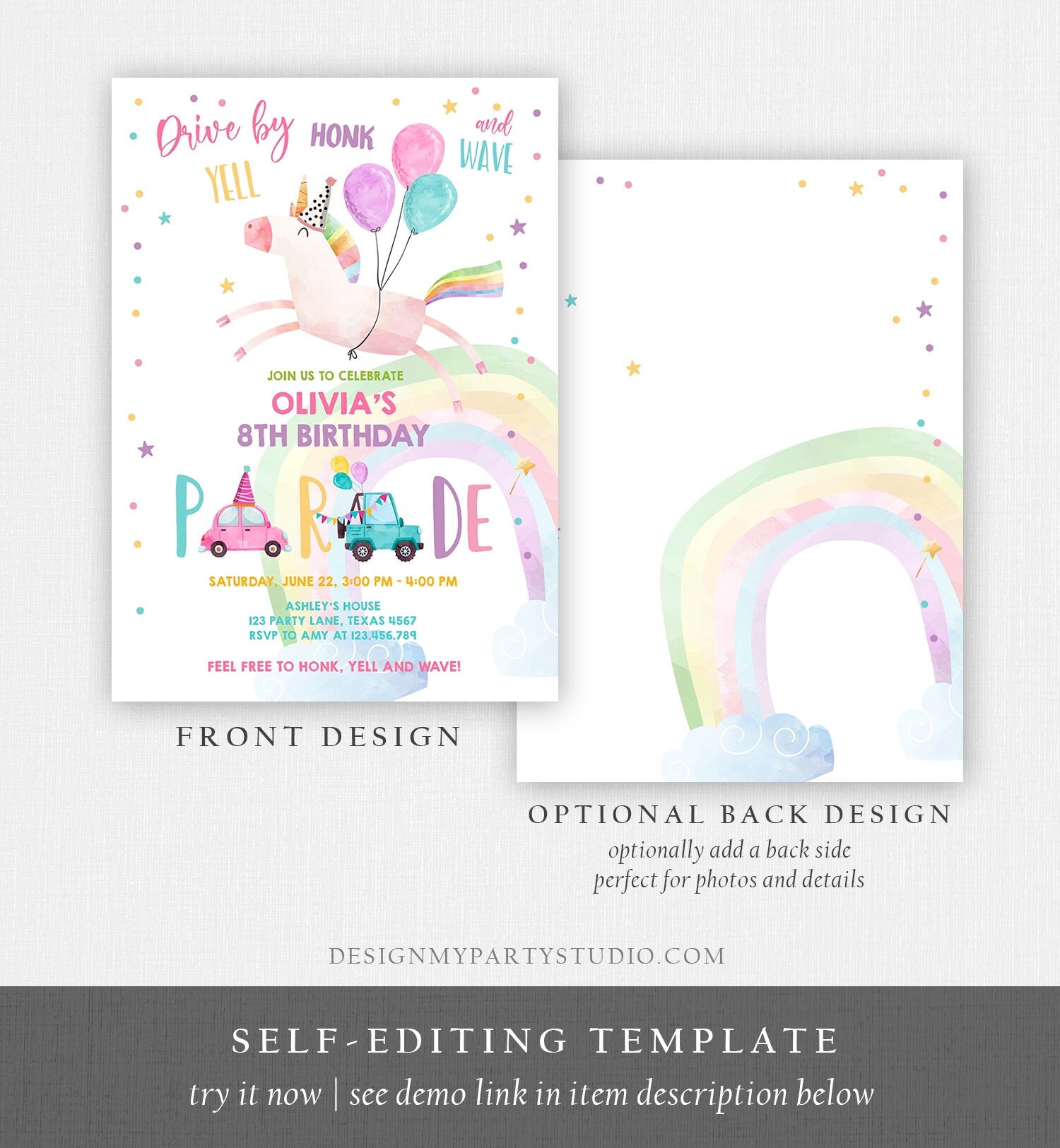 Editable Unicorn Drive By Birthday Parade Invitation Virtual Party Invite Honk Wave Car Girl Pink Quarantine Download Digital Corjl 0336