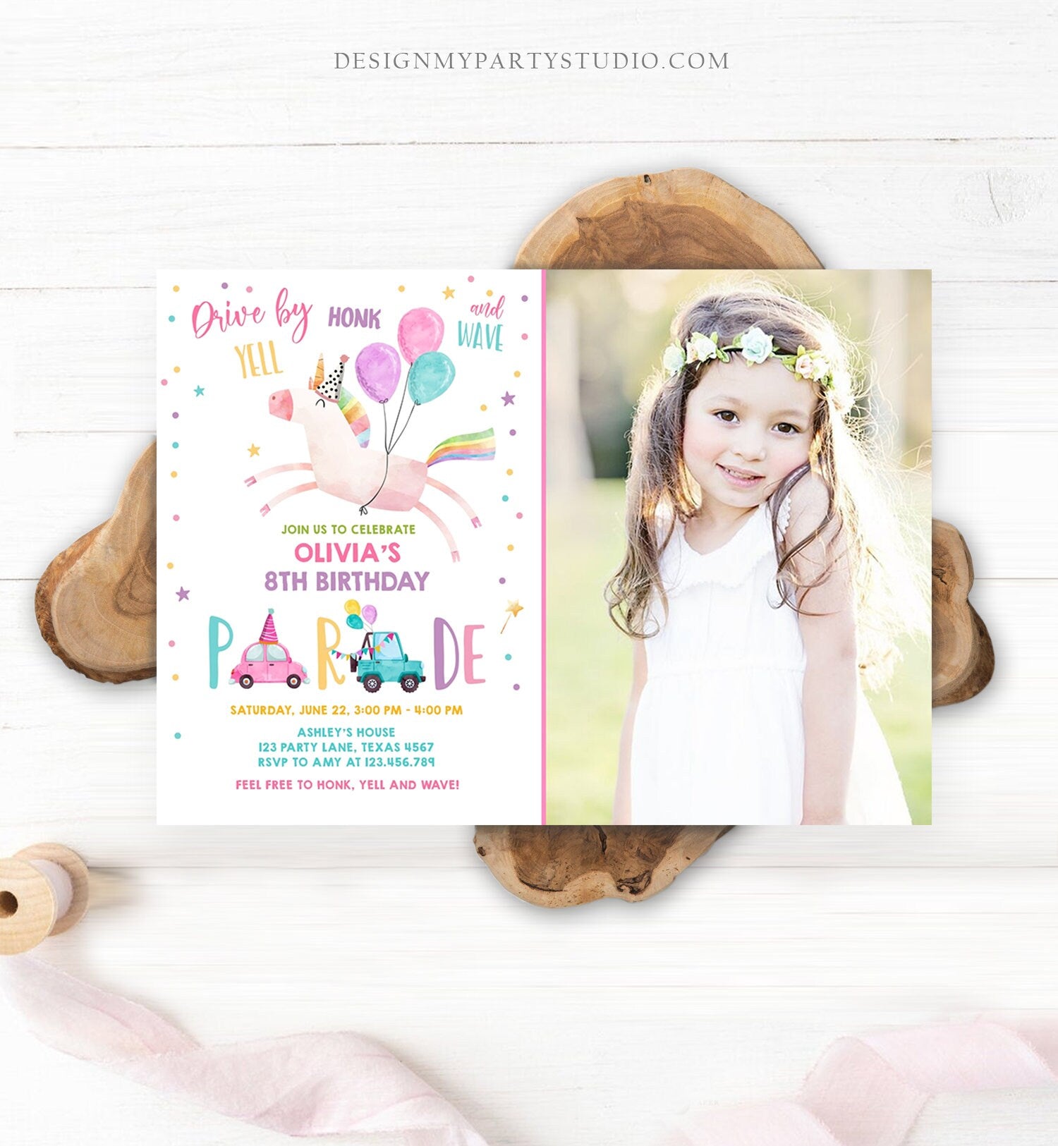 Editable Unicorn Drive By Birthday Parade Invitation Virtual Party Invite Honk Wave Car Girl Pink Quarantine Download Digital Corjl 0336