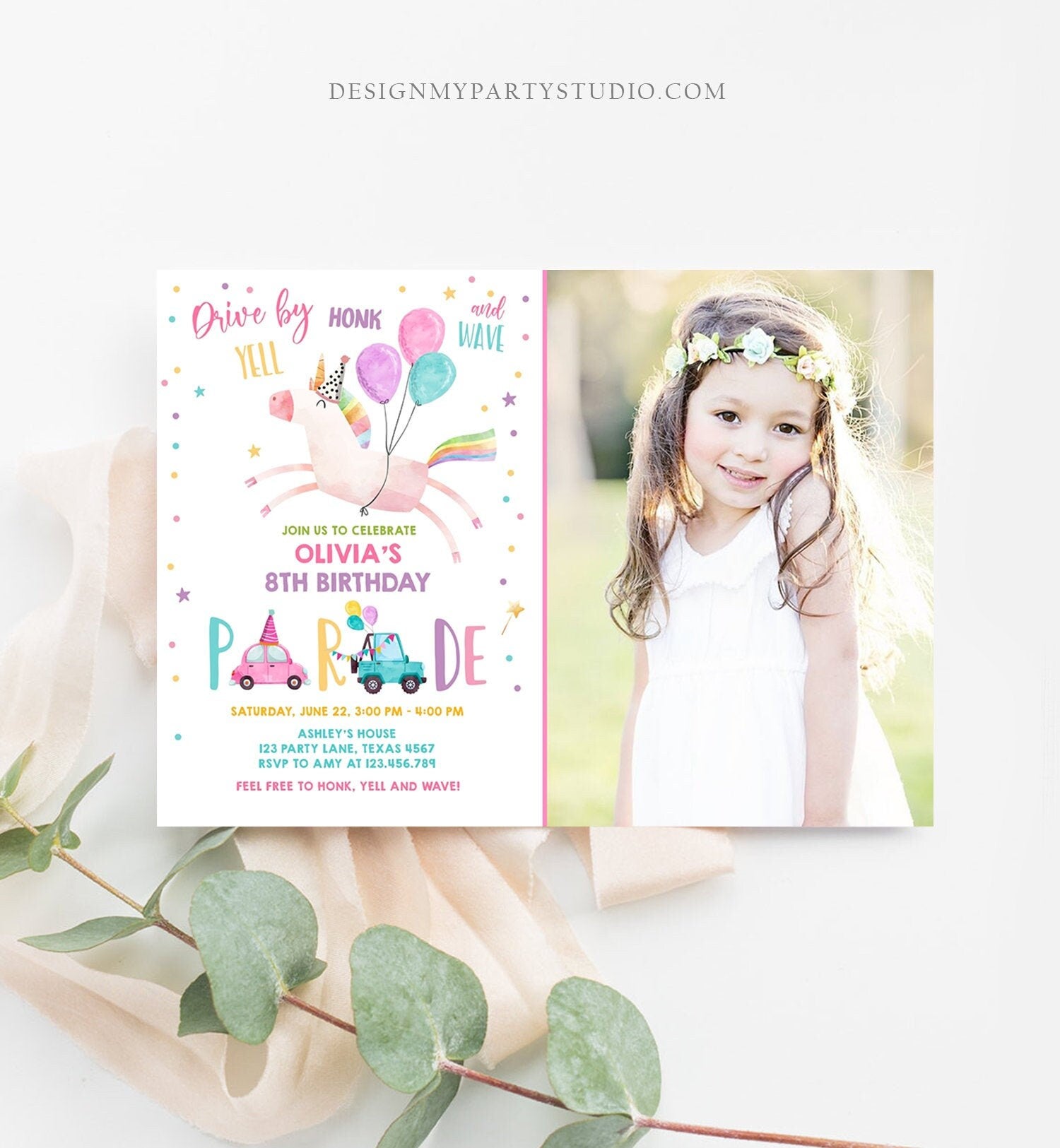 Editable Unicorn Drive By Birthday Parade Invitation Virtual Party Invite Honk Wave Car Girl Pink Quarantine Download Digital Corjl 0336