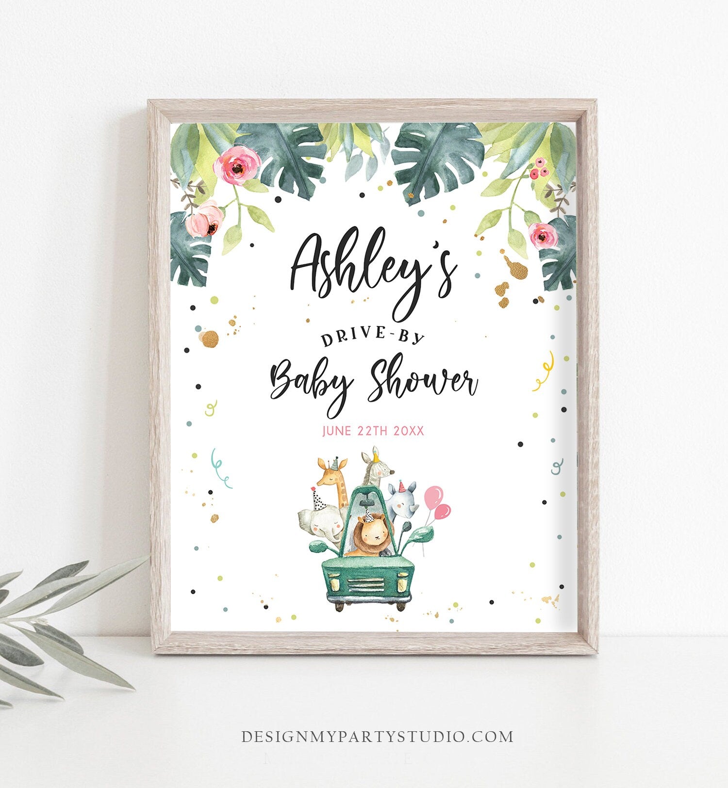 Editable Drive By Baby Shower Sign Welcome Safari Animals Girl Quarantine Party Drive Through Birthday Parade Yard Sign Corjl Template 0345