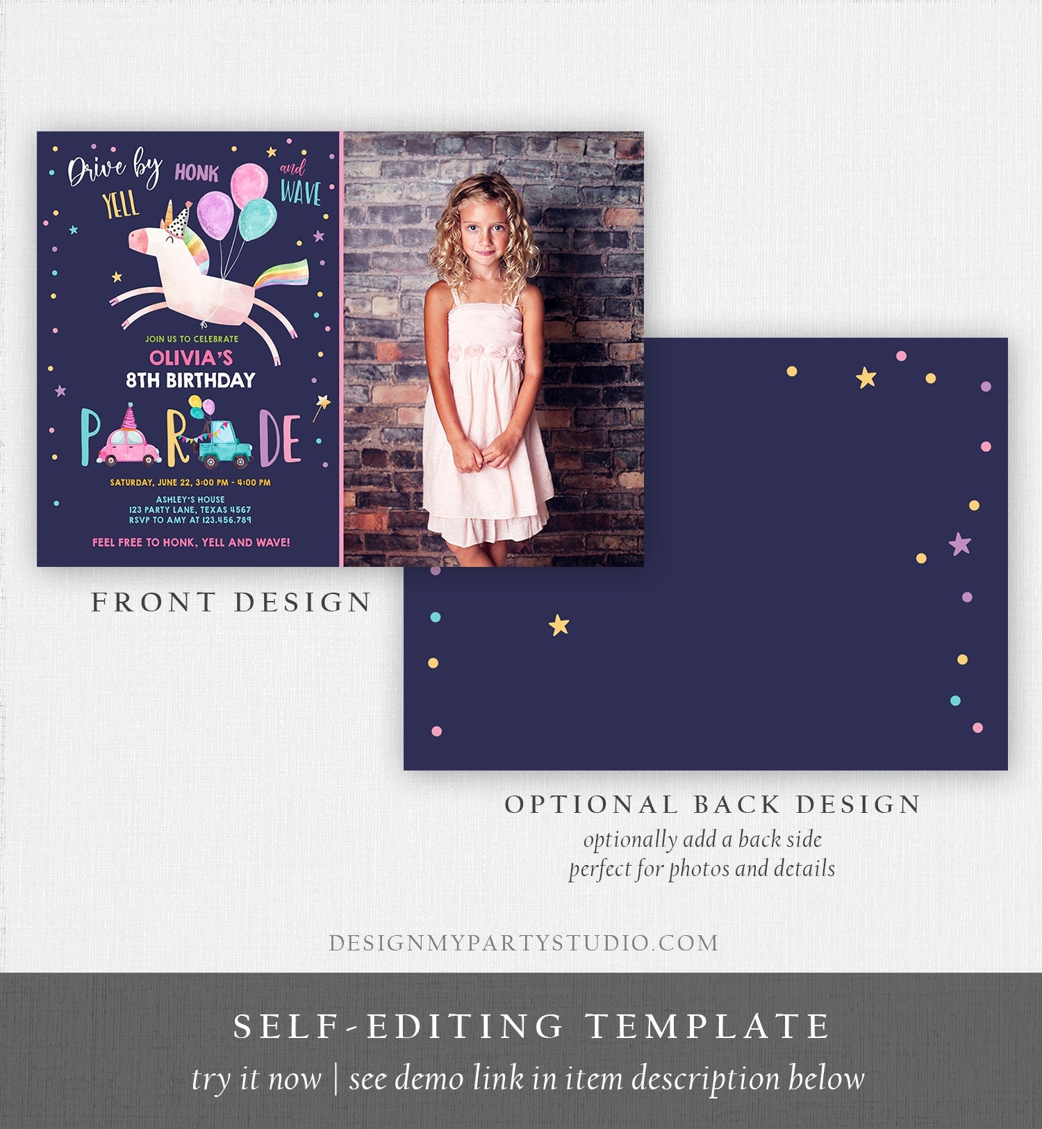 Editable Unicorn Drive By Birthday Parade Invitation Virtual Party Invite Honk Wave Car Girl Pink Purple Photo Quarantine Corjl Digital 0336