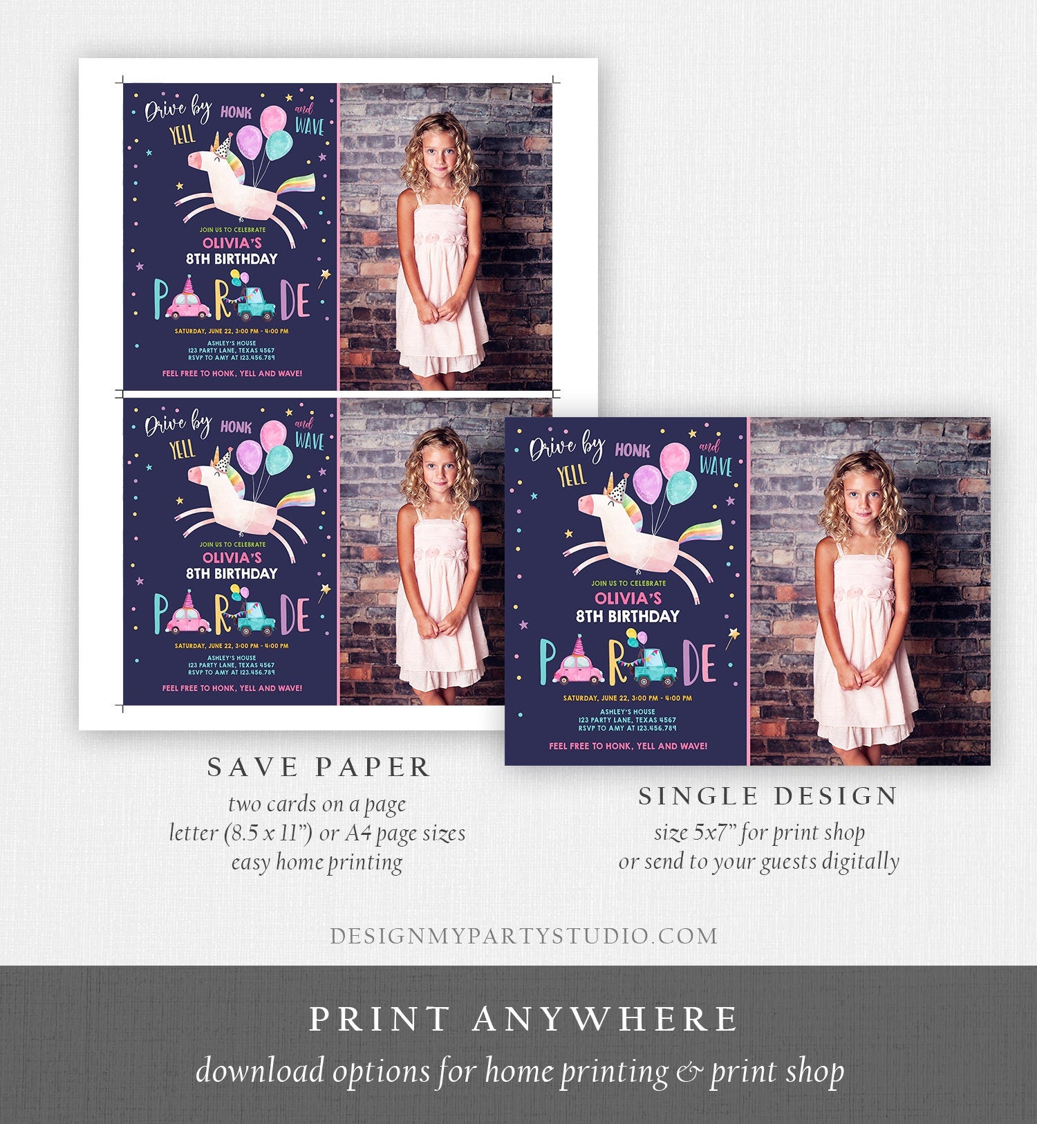 Editable Unicorn Drive By Birthday Parade Invitation Virtual Party Invite Honk Wave Car Girl Pink Purple Photo Quarantine Corjl Digital 0336