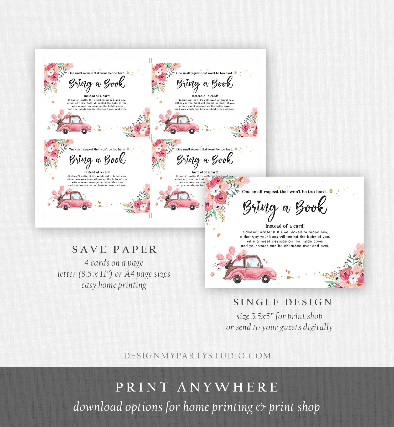 Editable Drive By Bring a Book Card Baby Shower Pink Floral Girl Drive Through Book Request Baby Book Insert Ticket Corjl Template 0335