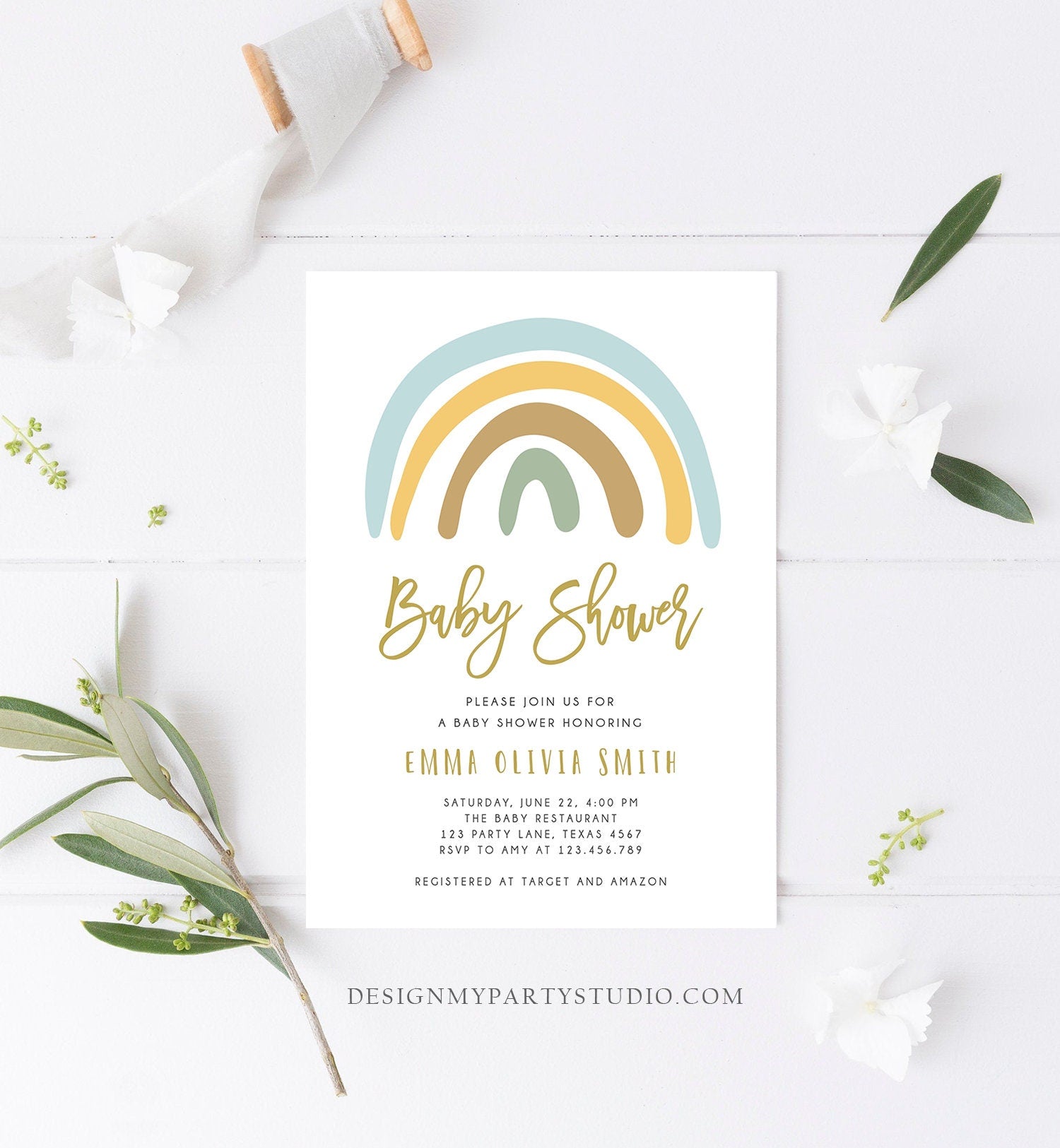 Editable Rainbow Baby Shower Invitation Muted Rainbow Invitation Gender Neutral Pastel Birthday Boy Blue Bow Download Corjl Template 0331