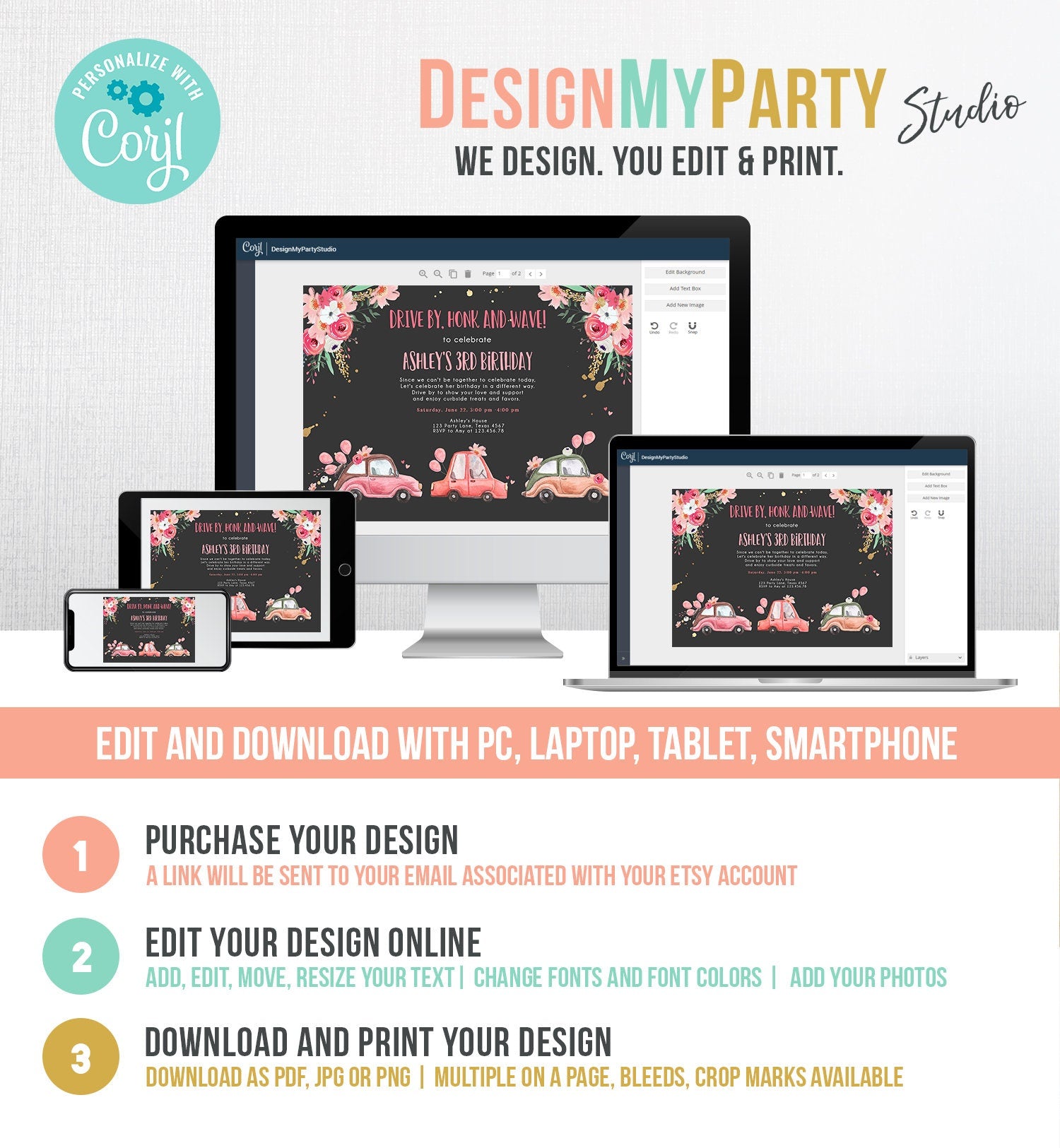 Editable Drive By Birthday Parade Invitation Virtual Party Invite Honk Wave Car Girl Pink Quarantine Instant Download Digital Corjl 0335