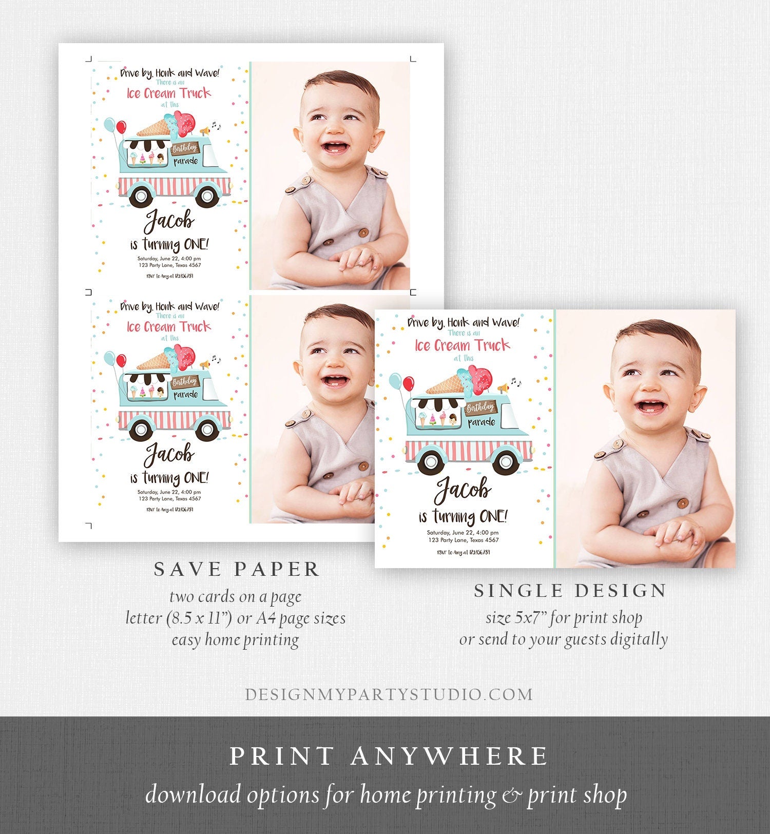 Editable Ice Cream Truck Birthday Invitation Birthday Parade Drive By Birthday Invite Quarantine Party Scoop Printable Template Corjl 0243