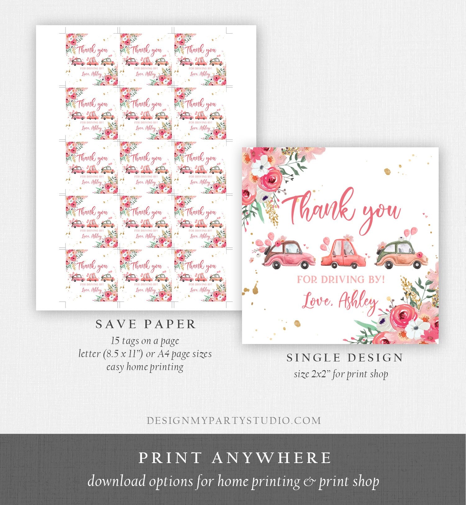 Editable Drive By Favor Tag Thank You Driving By Baby Shower Birthday Parade Gift Tags Quarantine Pink Floral Car Girl Corjl Template 0335