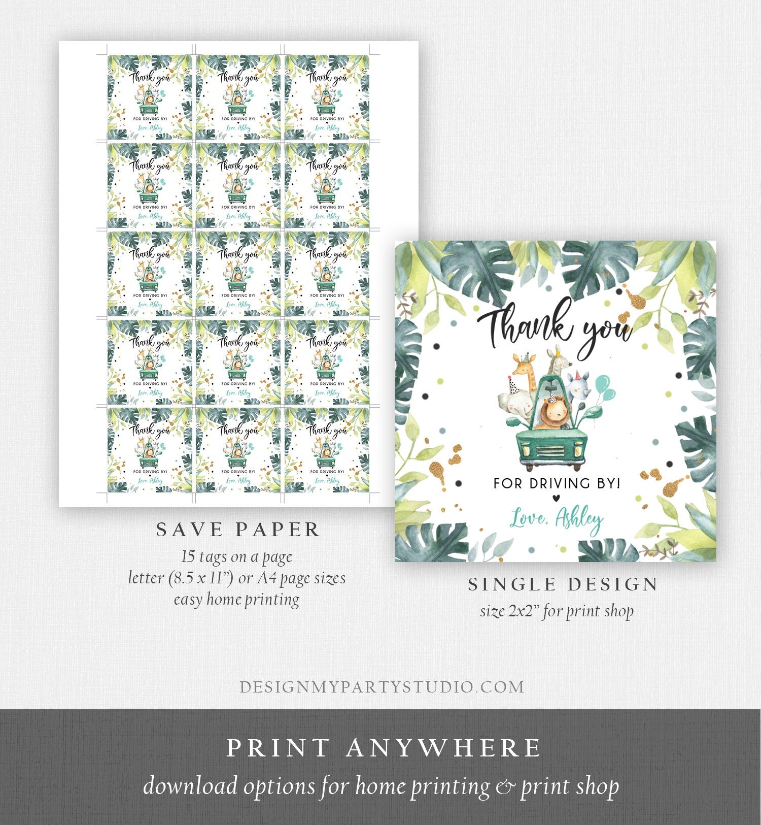 Editable Drive By Favor Tag Thank You Driving By Safari Animals Baby Shower Birthday Parade Gift Tags Quarantine Blue Car Boy Corjl 0345