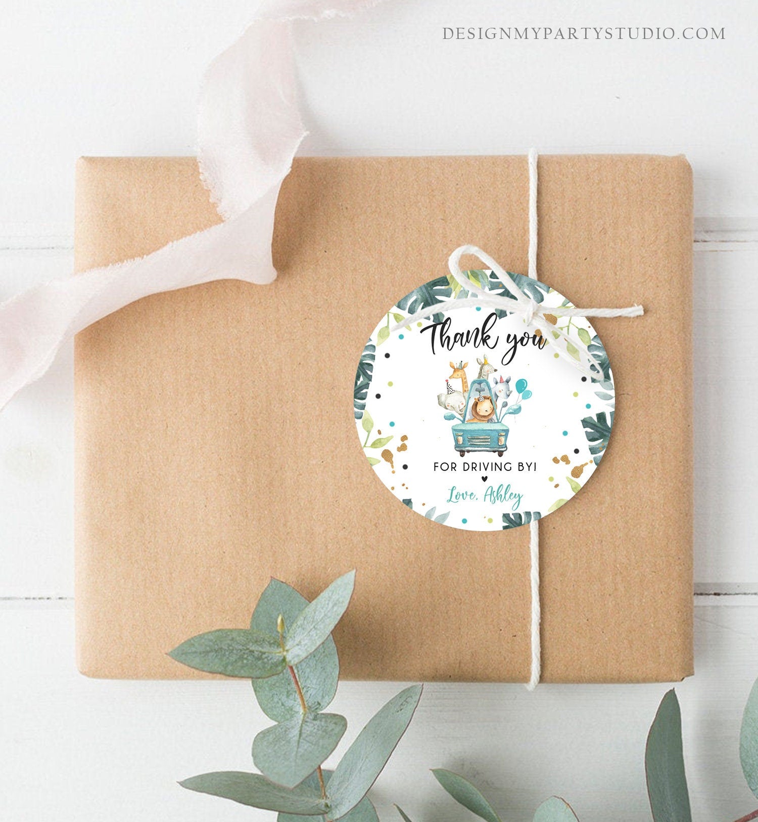 Editable Drive By Favor Tag Thank You Driving By Safari Animals Baby Shower Birthday Parade Gift Tags Quarantine Blue Car Boy Corjl 0345