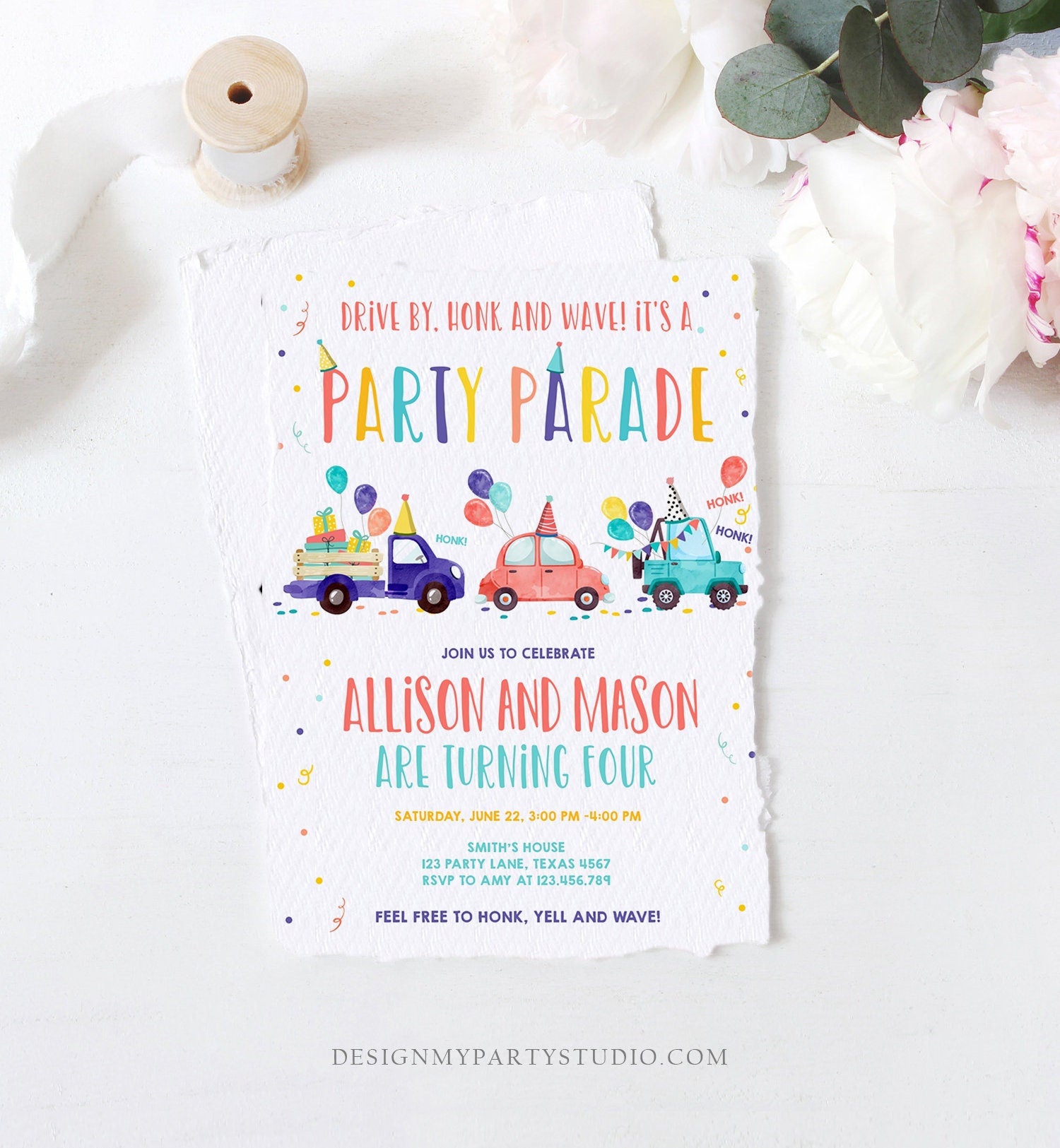 Editable Drive By Birthday Parade Invitation Virtual Party Invite Girl Boy Twin Joint Birthday Quarantine Download Digital Corjl 0333