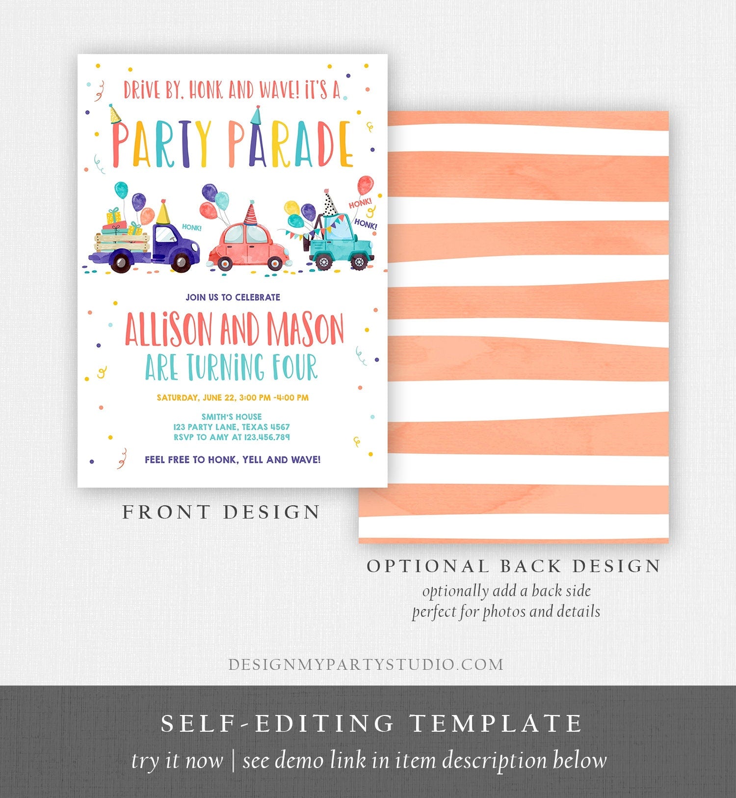 Editable Drive By Birthday Parade Invitation Virtual Party Invite Girl Boy Twin Joint Birthday Quarantine Download Digital Corjl 0333
