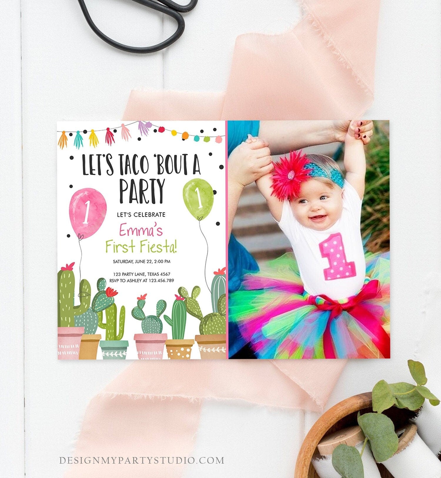 Editable Taco Bout a Party Birthday Invitation ANY AGE Fiesta Cactus Succulent 1st First Birthday Mexican Girl Pink Corjl Template 0254