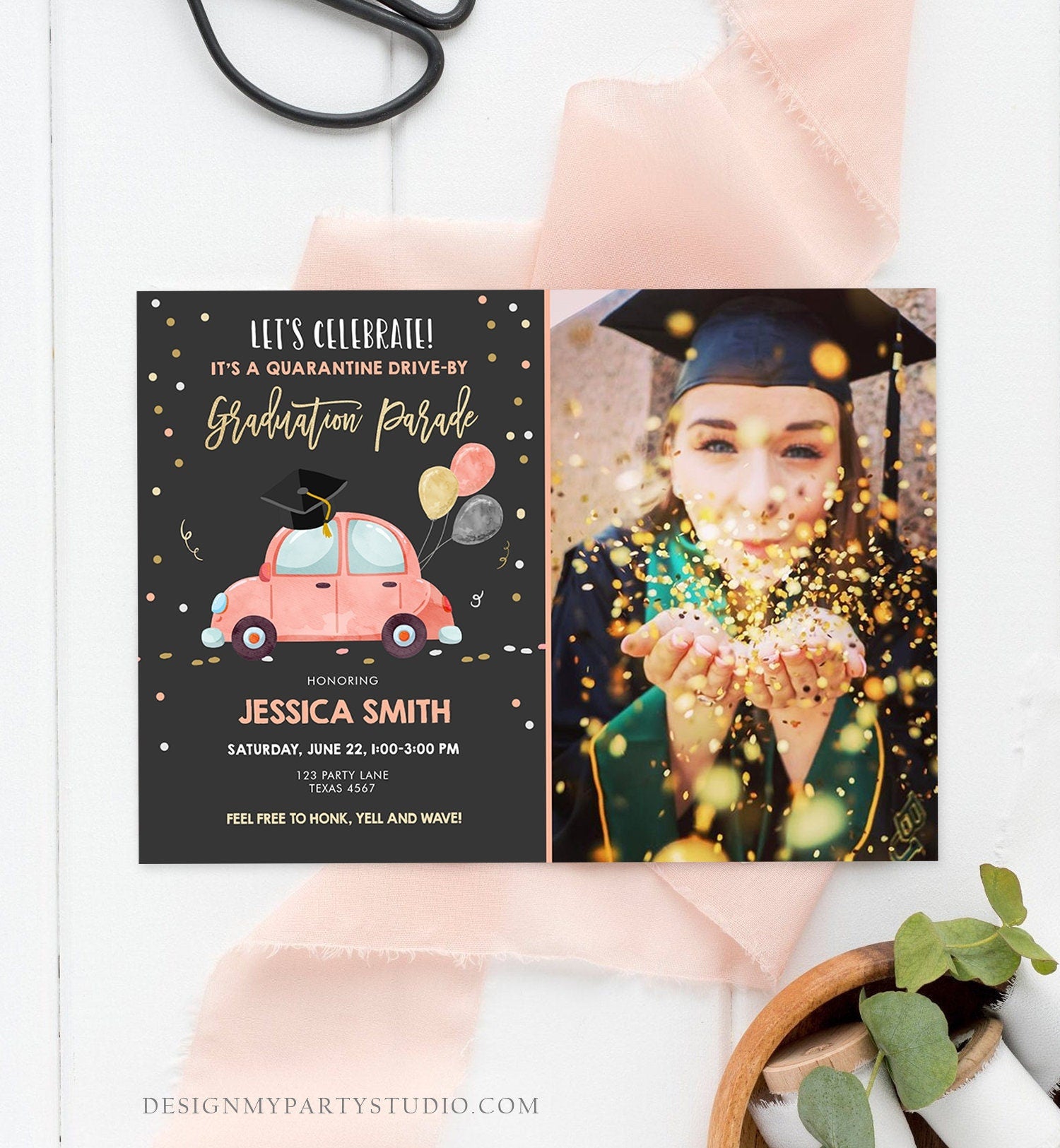 Editable Drive By Graduation Parade Invitation Virtual Party Coral Girl Graduate High School Grad Class 2021 Quarantine Digital Corjl 0337
