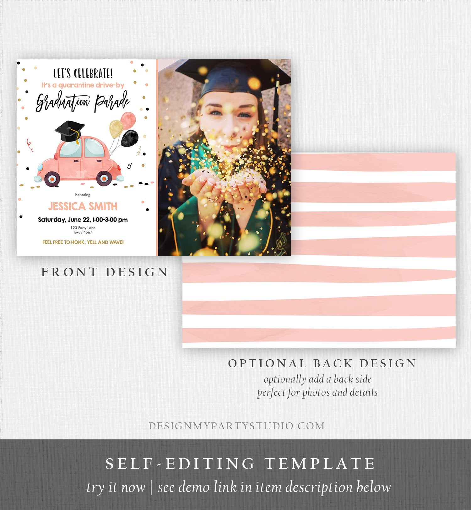 Editable Drive By Graduation Parade Invitation Virtual Party Coral Girl Graduate High School Grad Class 2020 Quarantine Digital Corjl 0337