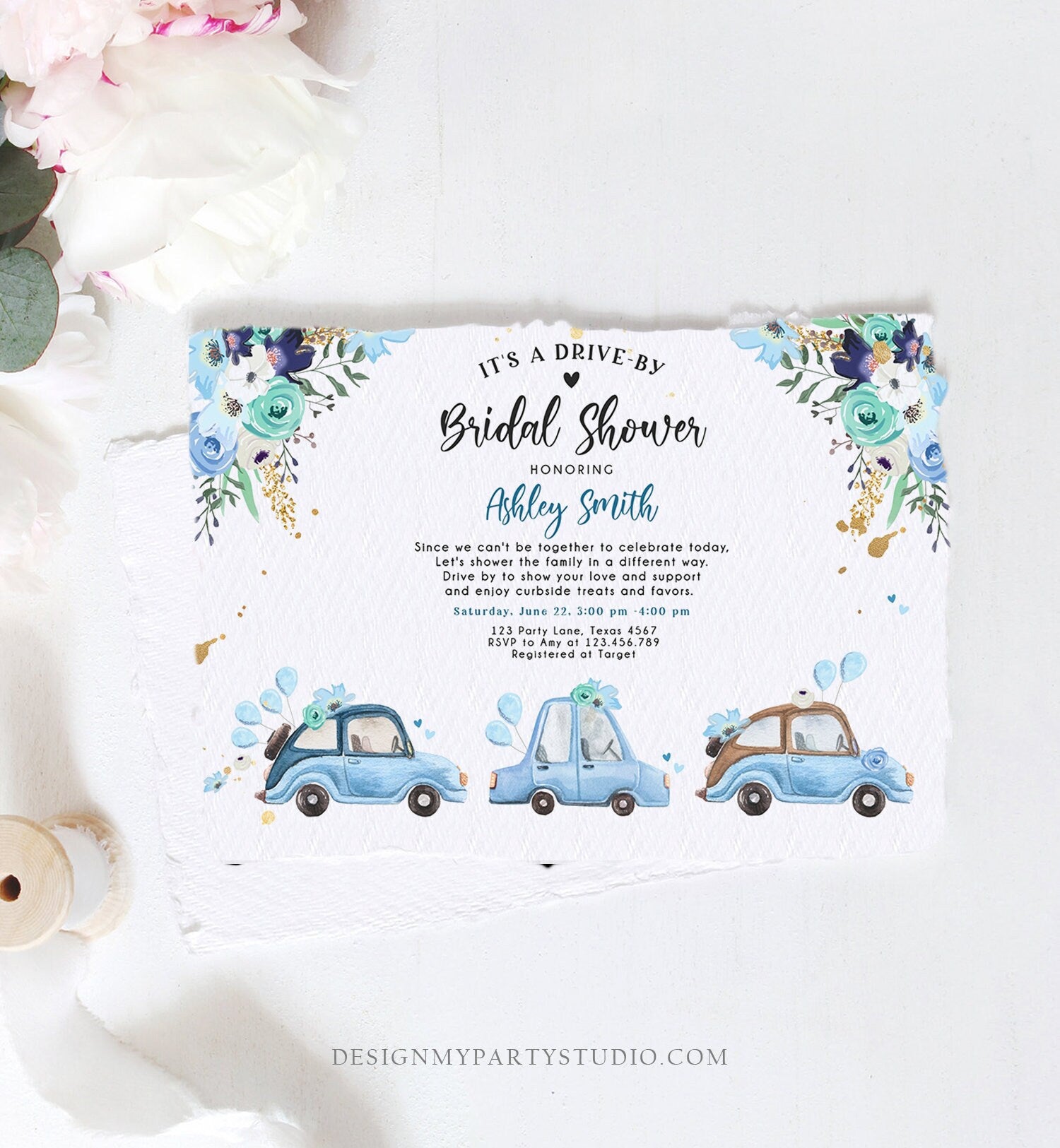 Editable Drive By Bridal Shower Invitation Navy Blue Floral Drive Through Couples Shower Social Distancing Bridal Shower Corjl Template 0335